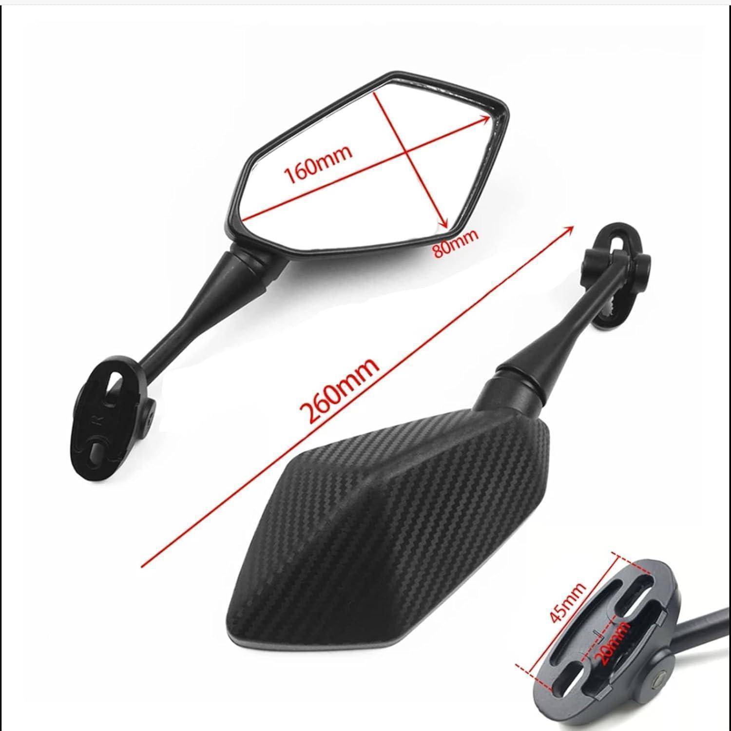 Schwarzer Motorrad-Seitenspiegel von vorne und hinten gezeigt, mit Dimensionsbeschriftungen 260mm Gesamtlänge, 160mm breiter Spiegel, 80mm Höhe und 45mm Befestigungsabstand.