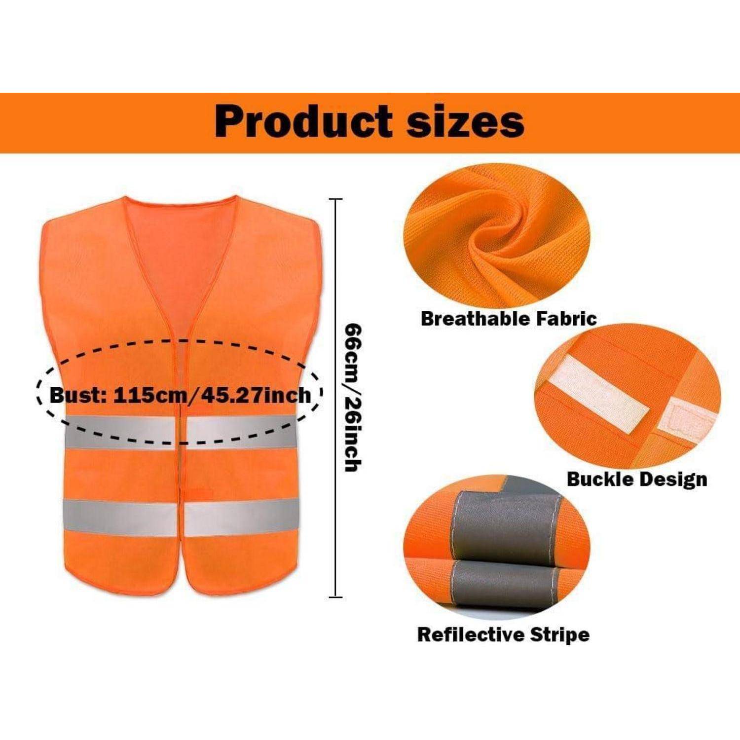 Größendiagramm für eine orangefarbene Sicherheitsweste: Brustumfang 115 cm/45,27 Zoll, Länge 66 cm/26 Zoll, mit atmungsaktivem Stoff, Schnallenkonstruktion und reflektierendem Streifen.