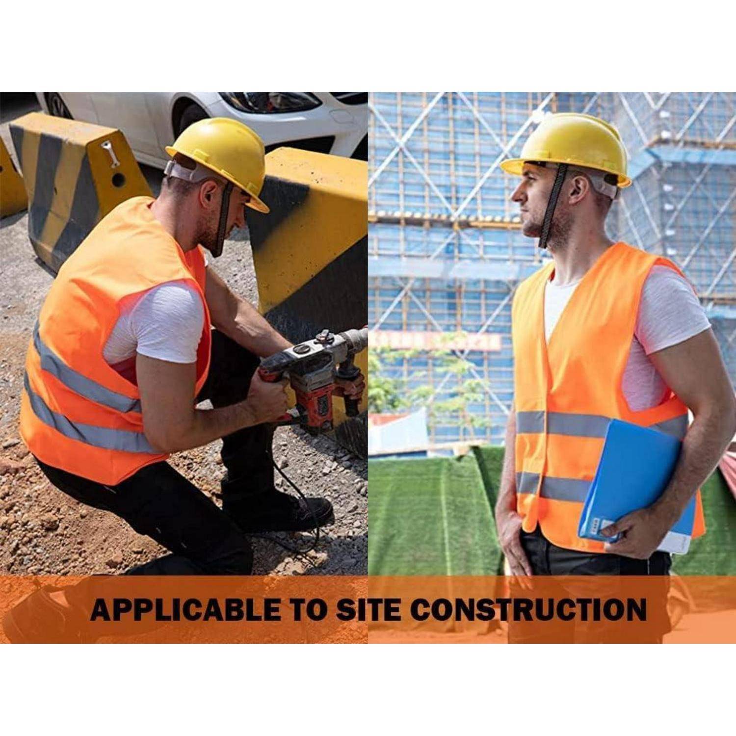 Geteiltes Bild eines Bauarbeiters mit Schutzhelm und Warnweste, der auf einer Baustelle einen Bohrer bedient, mit der Bildunterschrift „GILT FÜR BAUSTELLEN-KONSTRUKTION".