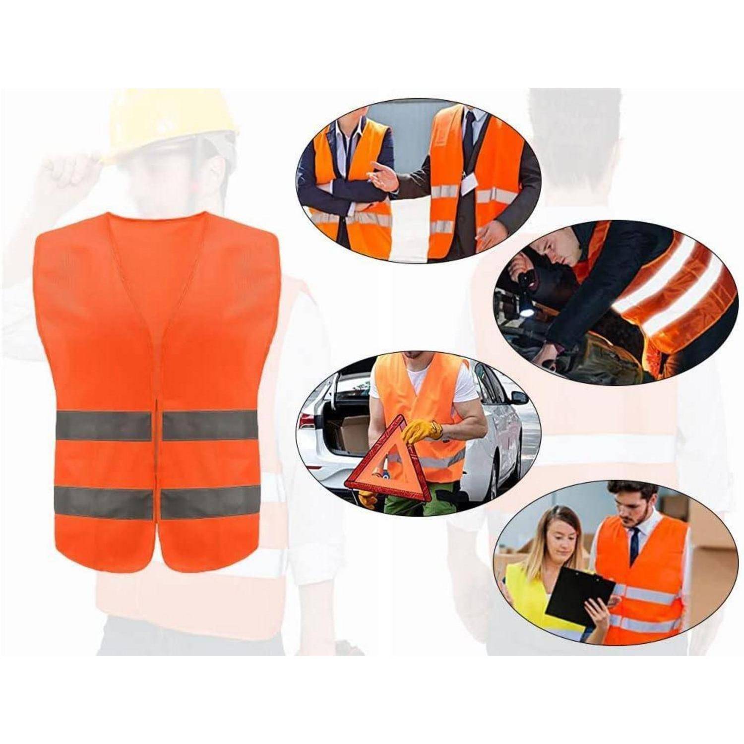 Orange Warnweste mit reflektierenden Streifen, gezeigt in vier kleinen Fotos, die die Verwendung durch Arbeitnehmer an Straßenbaustellen und auf Baustellen demonstrieren.