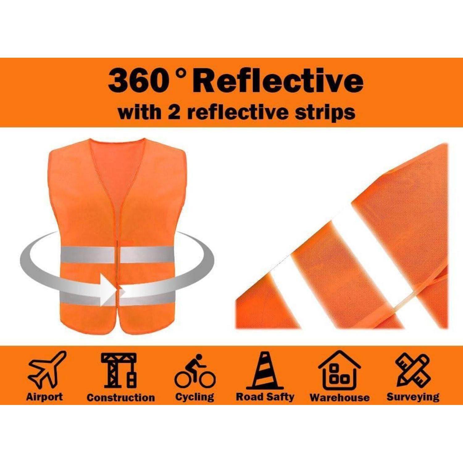 Orange 360°-Warnweste mit 2 reflektierenden Streifen, gezeigt mit Nahaufnahmedetail und Symbolen für Flughafen, Baustelle, Radfahren, Straßensicherheit, Lagerhalle und Vermessung.