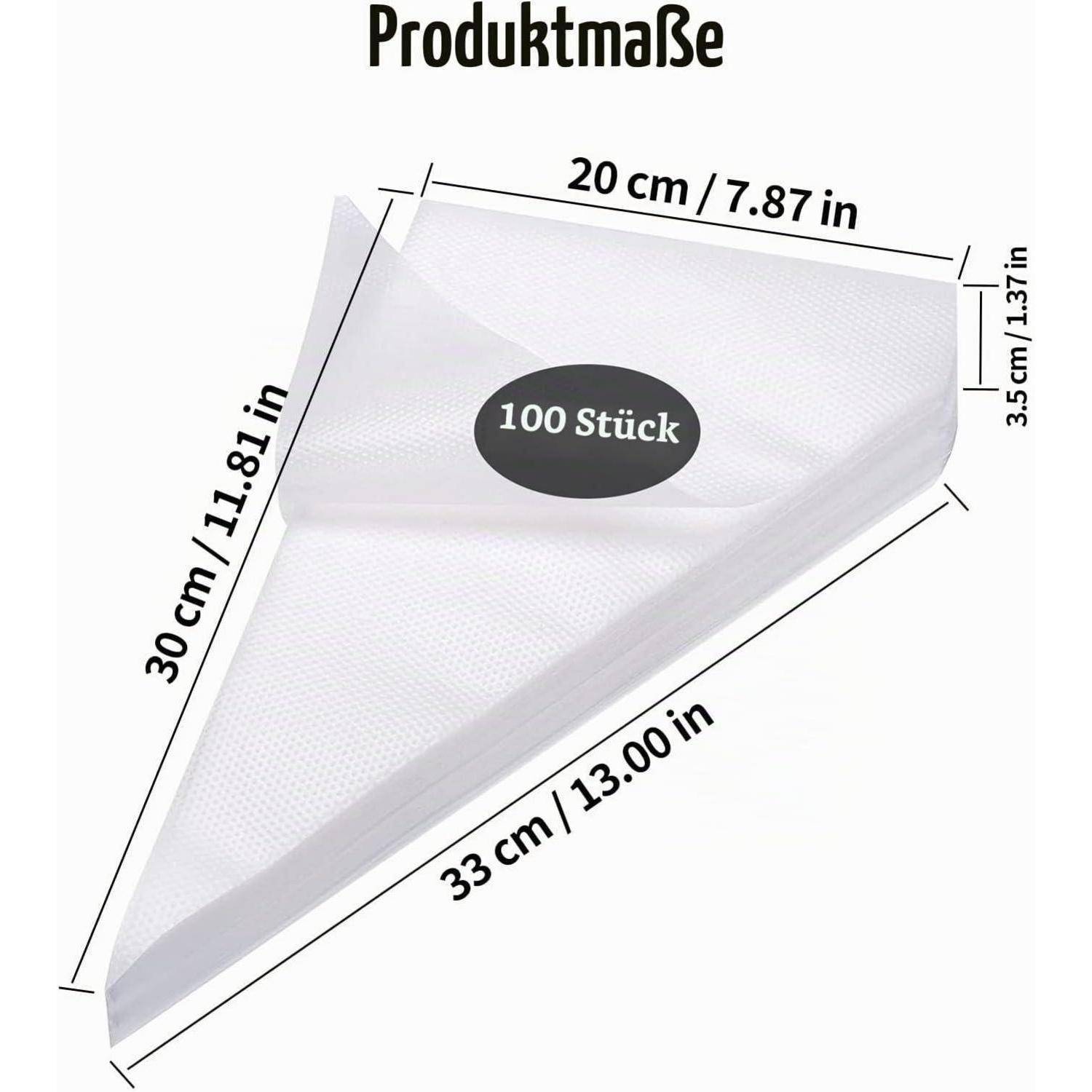 Produktabmessungsdiagramm einer dreieckigen Tasche: 33 cm untere Seite, 30 cm linke Seite, 20 cm obere Breite, 3,5 cm Höhe, mit dem Etikett „100 Stück