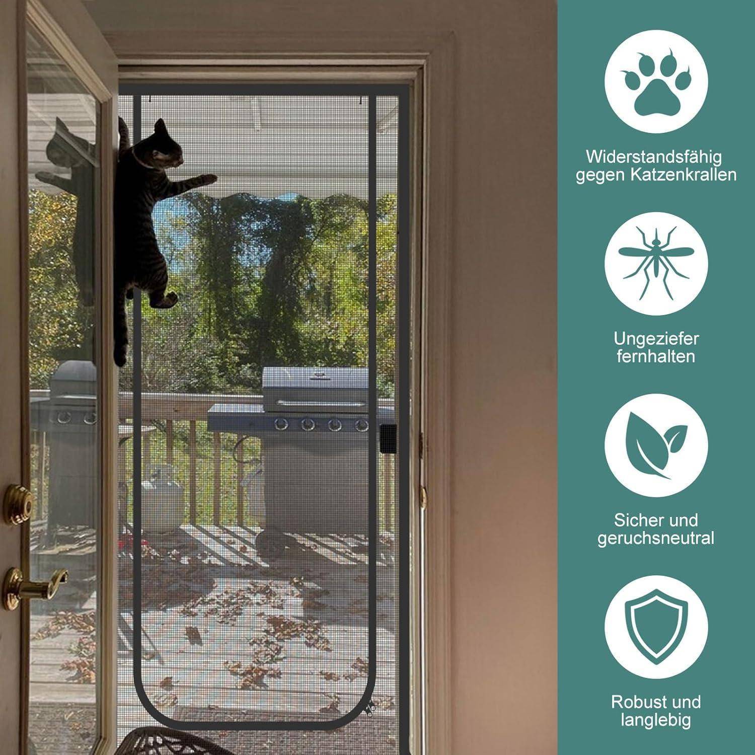 Katze klammert sich an eine Fliegengittertür neben deutschen Symbolen, die das Gitter als krallenfest, schädlingsabweisend, sicher, geruchsneutral und langlebig anpreisen.