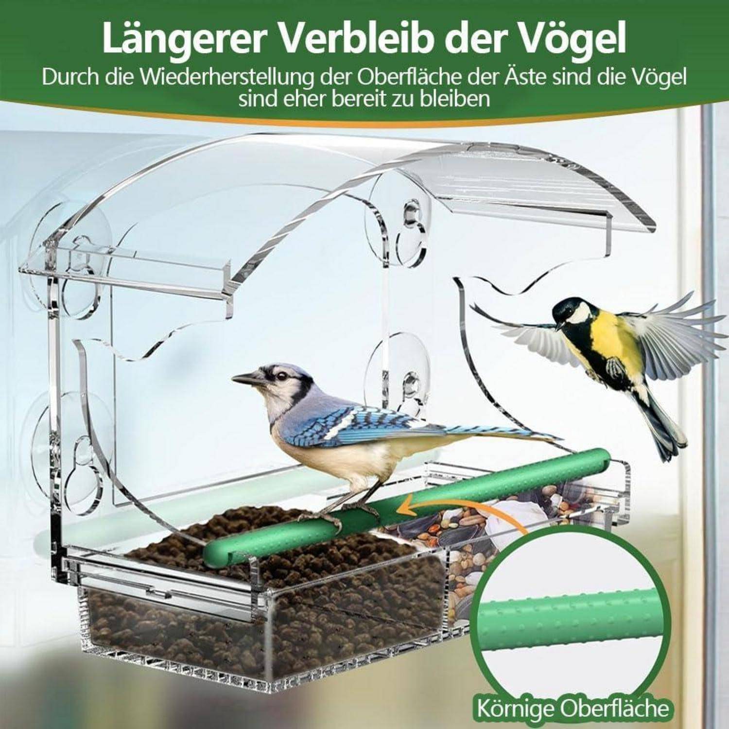 Illustration eines Vogelfutterhauses mit strukturiertem grünem Sitzstab, das zwei fütternde Vögel zeigt; deutscher Text besagt, dass eine raue Oberfläche Vögel länger hält.