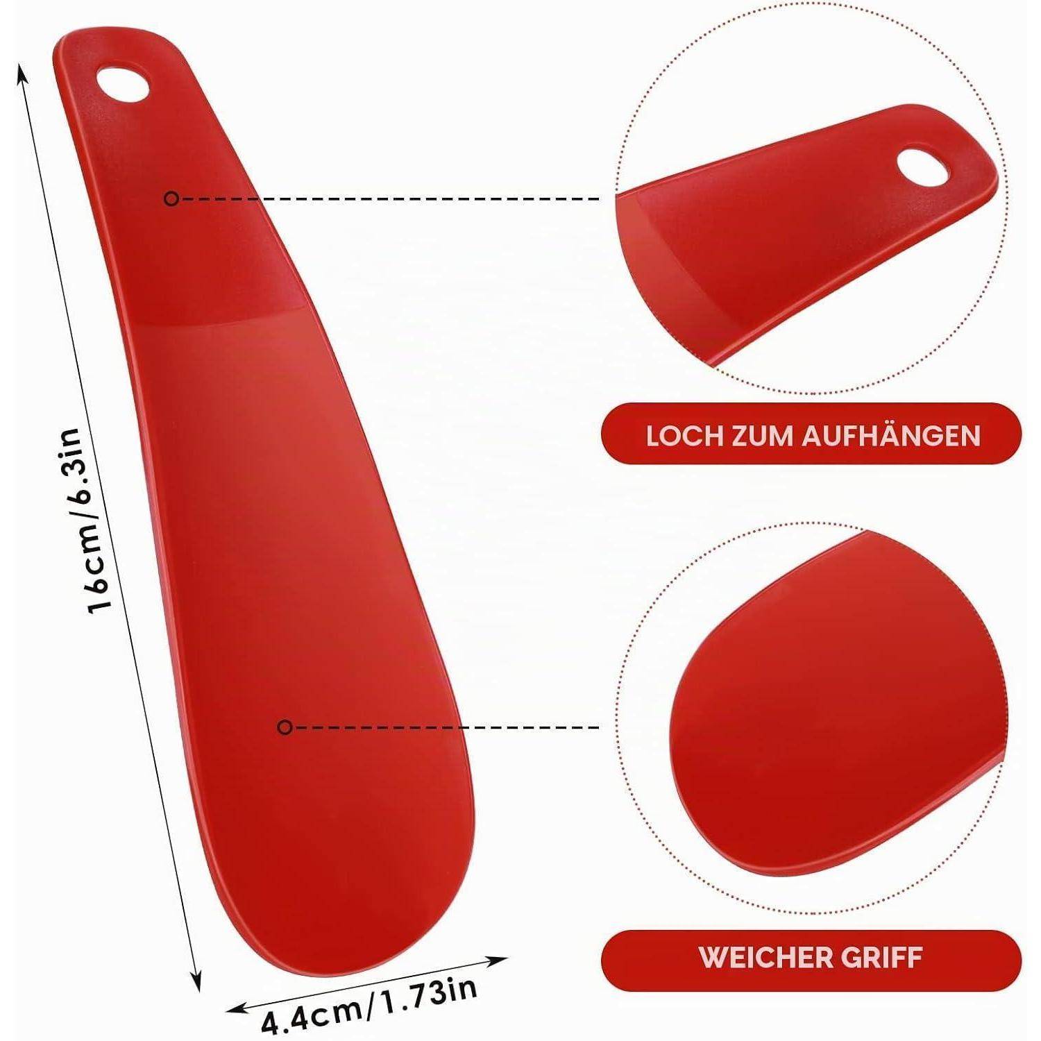 Rotes Werkzeug mit Kunststoffgriff oder Schuhlöffel, 16 cm lang und 4,4 cm breit, mit Aufhängeloch und weichem Griff, hervorgehoben in vergrößerten Detailansichten.