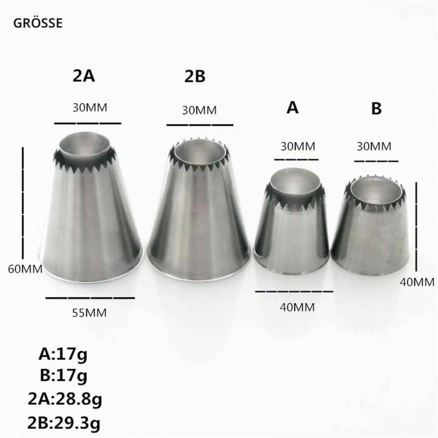 Produktgrößentabelle mit vier Metallspritztüllen mit den Bezeichnungen 2A, 2B, A und B, mit oberen und unteren Durchmessern, Höhen und Gewichten in Gramm.