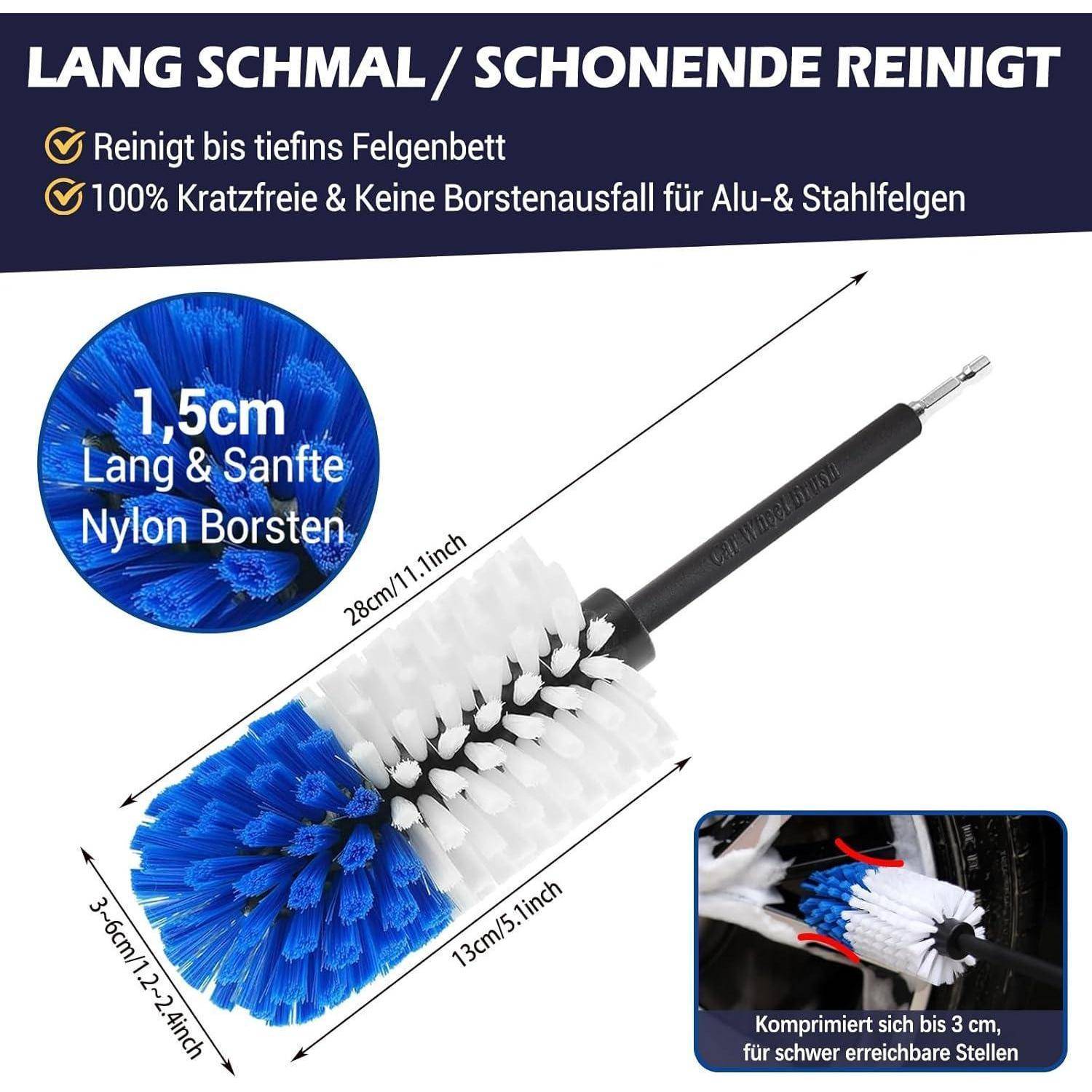 Produktbild einer Reinigungsbürste mit langem Griff mit 1,5 cm weichen Nylonborsten; Text hebt die tiefe Felgenreinigung, kratzerfreie Anwendung und 28 cm Länge hervor.