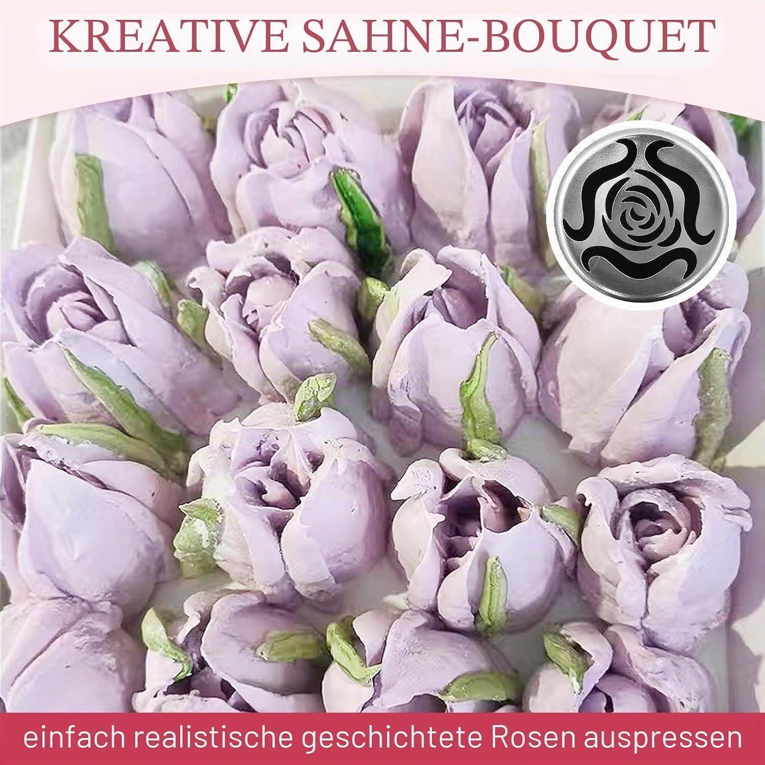 Lavendel-Buttercreme-Rosen, die als Strauß arrangiert sind, mit dem Text „KREATIVE SAHNE-BOUQUET