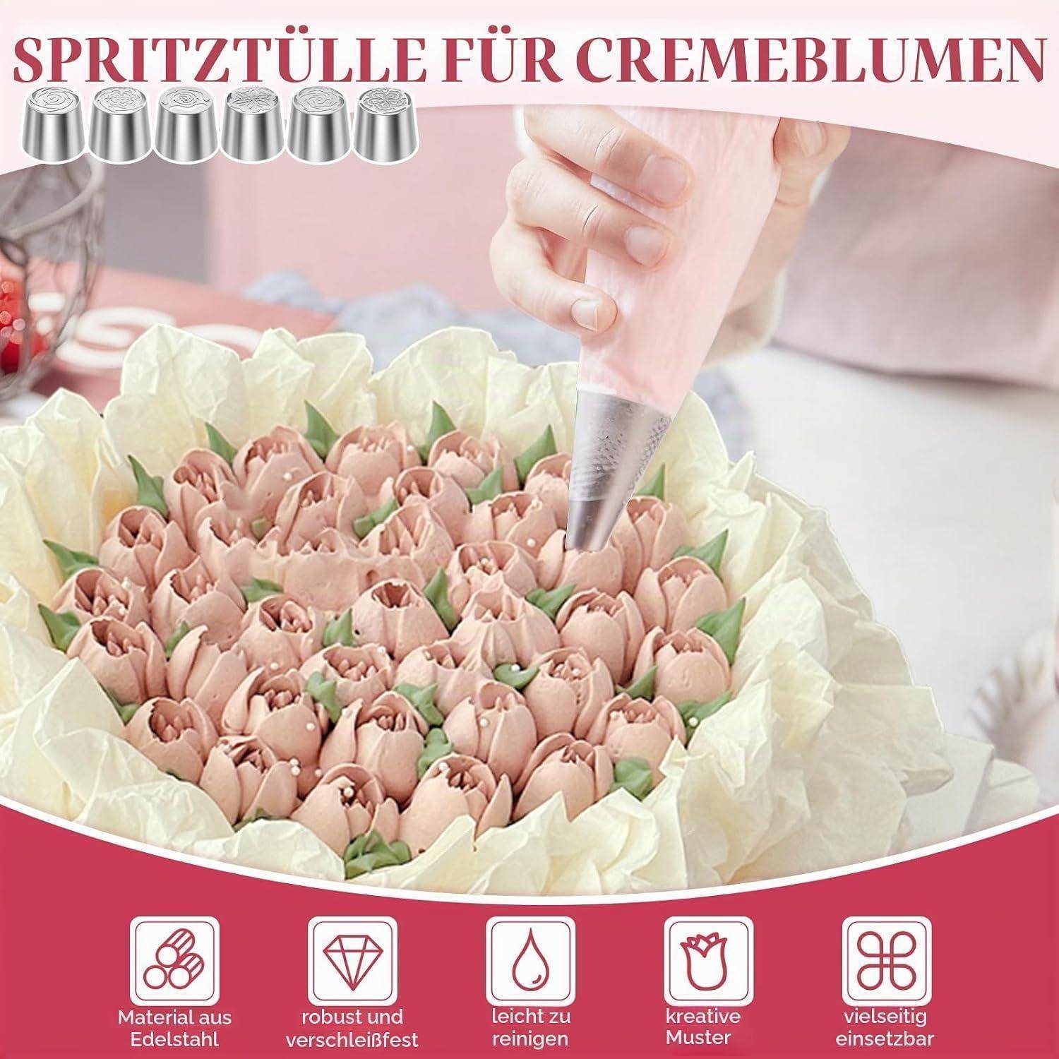 Werbebild einer Spritzdüse, die Cremeblumen auf einem Kuchen verziert, mit deutschem Text „SPRITZTÜLLE FÜR CREMEBLUMEN