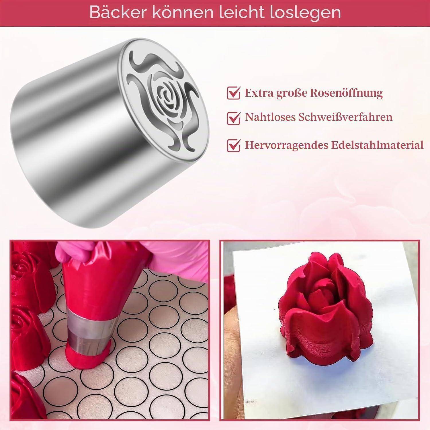 Werbebild für eine Rosenspritzdüse für Bäcker mit deutschem Text, der die Funktionen auflistet: große Rosenöffnung, nahtlose Schweißung, Edelstahl, plus Beispiele für gespritzte Rosendekoration.