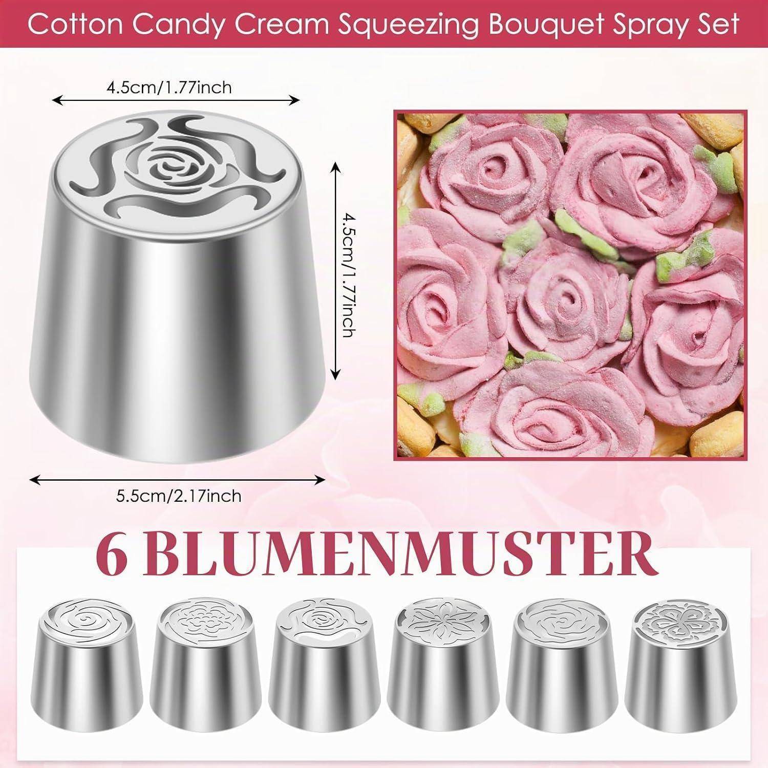 Produktbild eines Sets aus Edelstahlspritzdüsen mit der Bezeichnung „Cotton Candy Cream Squeezing Bouquet Spray Set