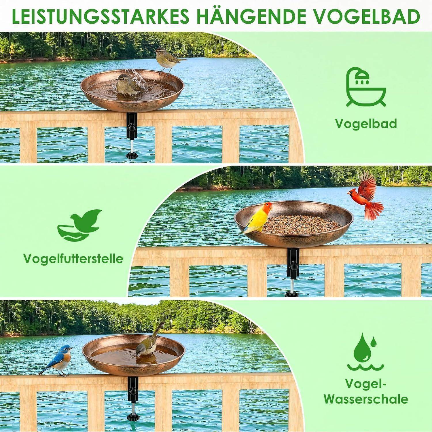 Werbegraphik eines hängenden Vogelbads und einer Futterschale auf einer Seeuferterrasse, die Vögel zeigt, die es nutzen; beschriftet mit „Vogelbad