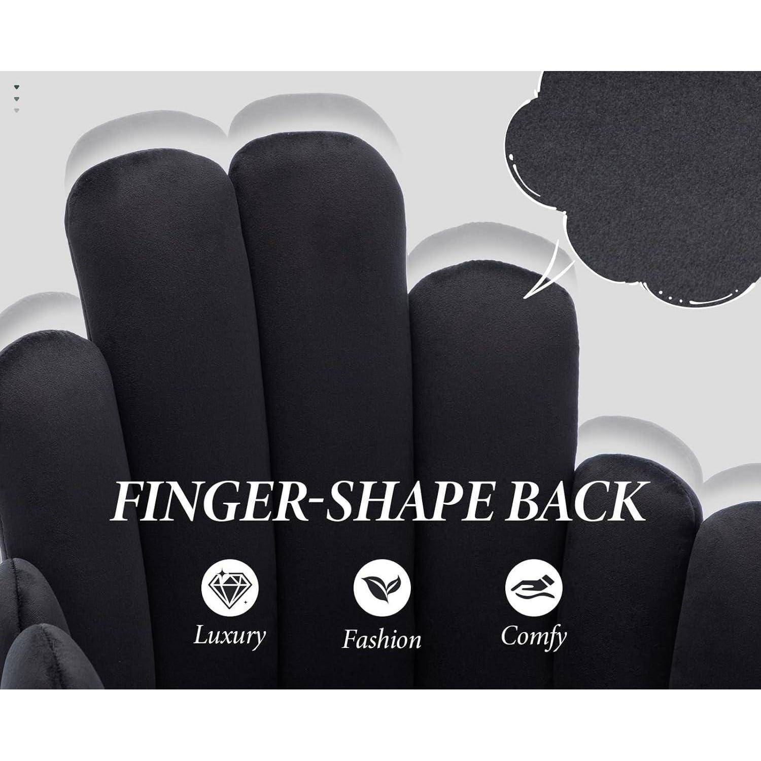Anzeige für einen Stuhl mit hoher fingerförmiger Rückenlehne, gekennzeichnet mit „FINGER-SHAPE BACK