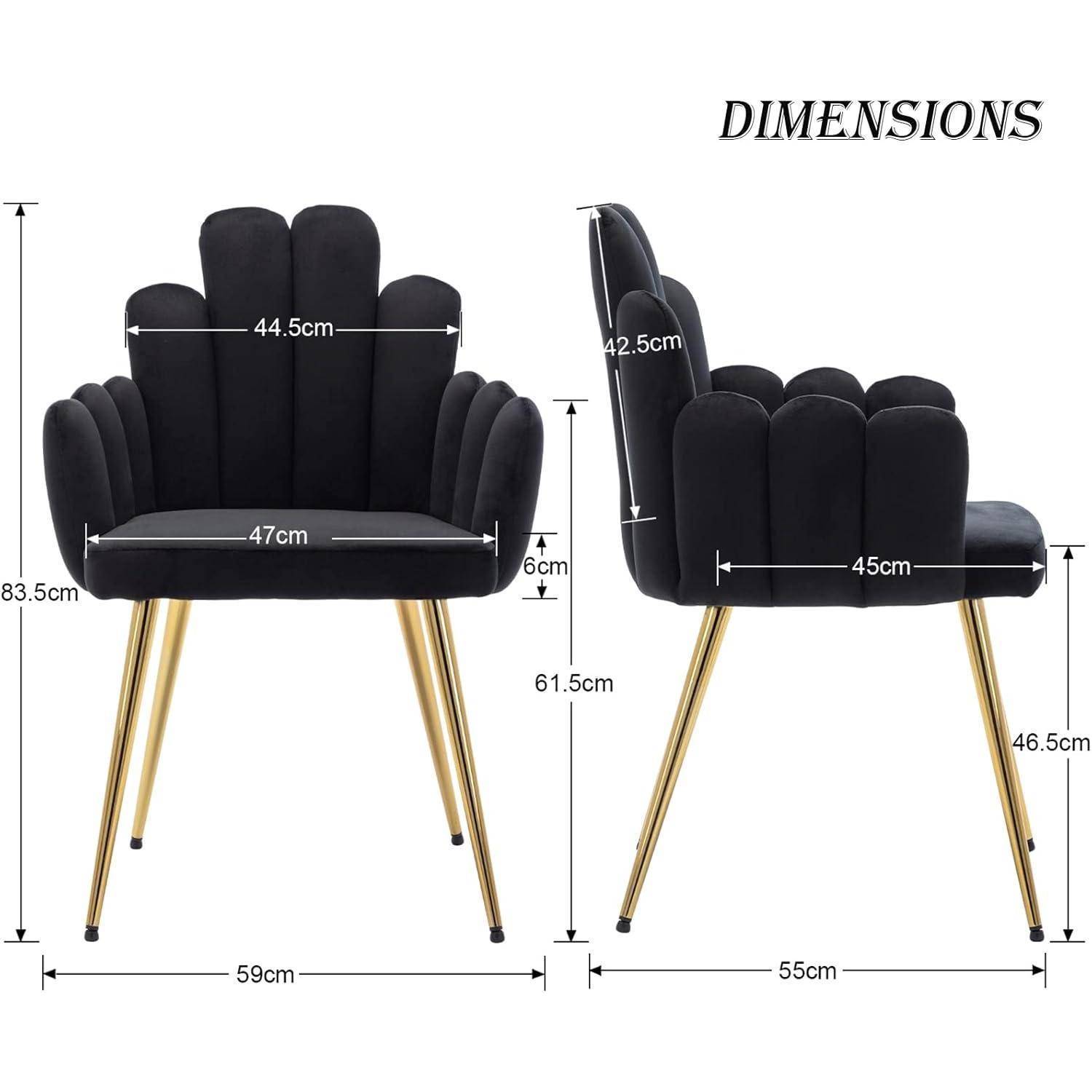 Abmessungsdiagramm eines schwarz gepolsterten Akzentstuhls mit goldfarbenen Beinen, zeigt Vorder- und Seitenansicht sowie Abmessungen: 83,5 cm Höhe, 59 cm Breite, 55 cm Tiefe.
