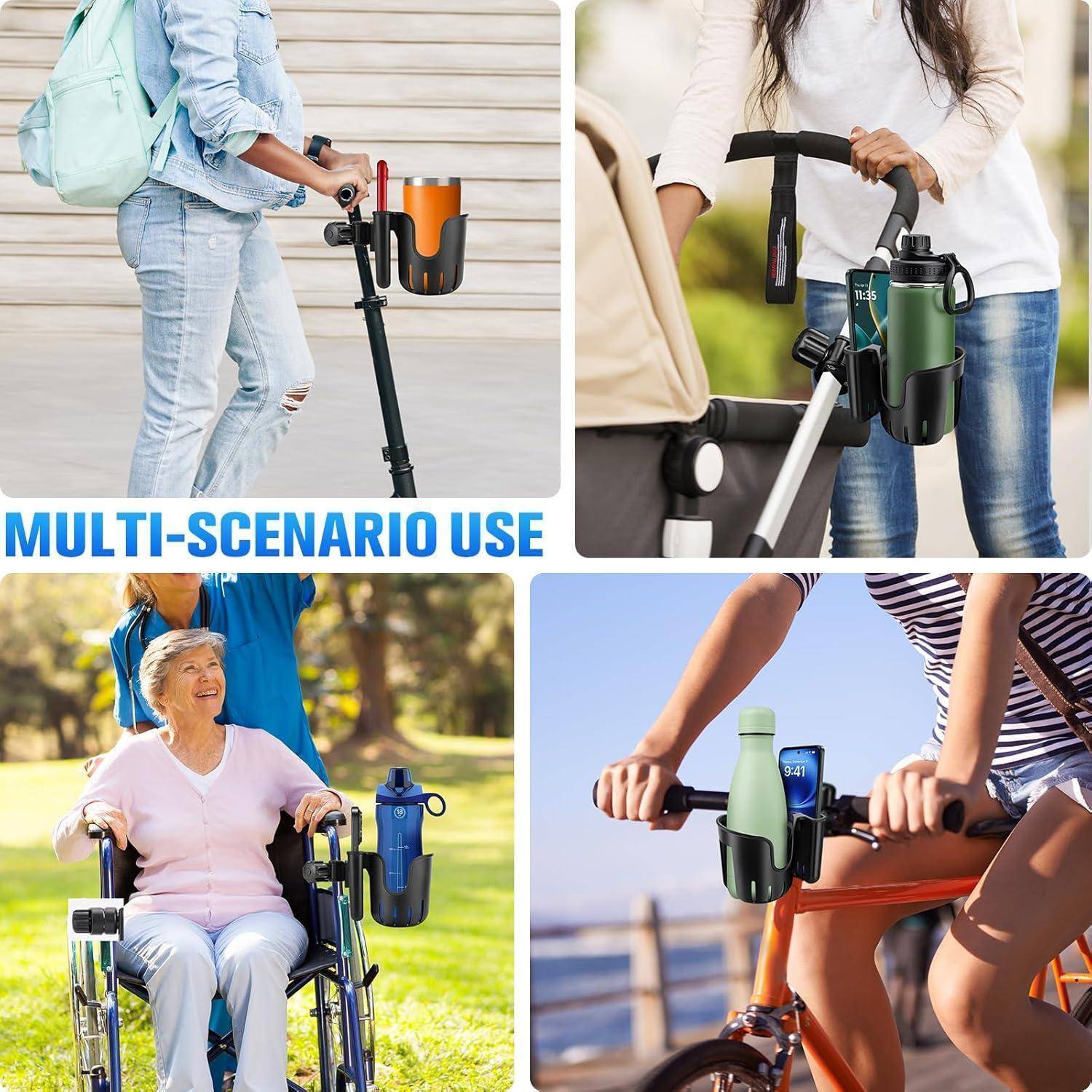 Collage zeigt einen Flaschenhalter zum Anclippen, der in mehreren Szenarien verwendet wird: auf einem Roller, Kinderwagen, Rollstuhl und Fahrrad, beschriftet mit „MULTISZENARIO-VERWENDUNG