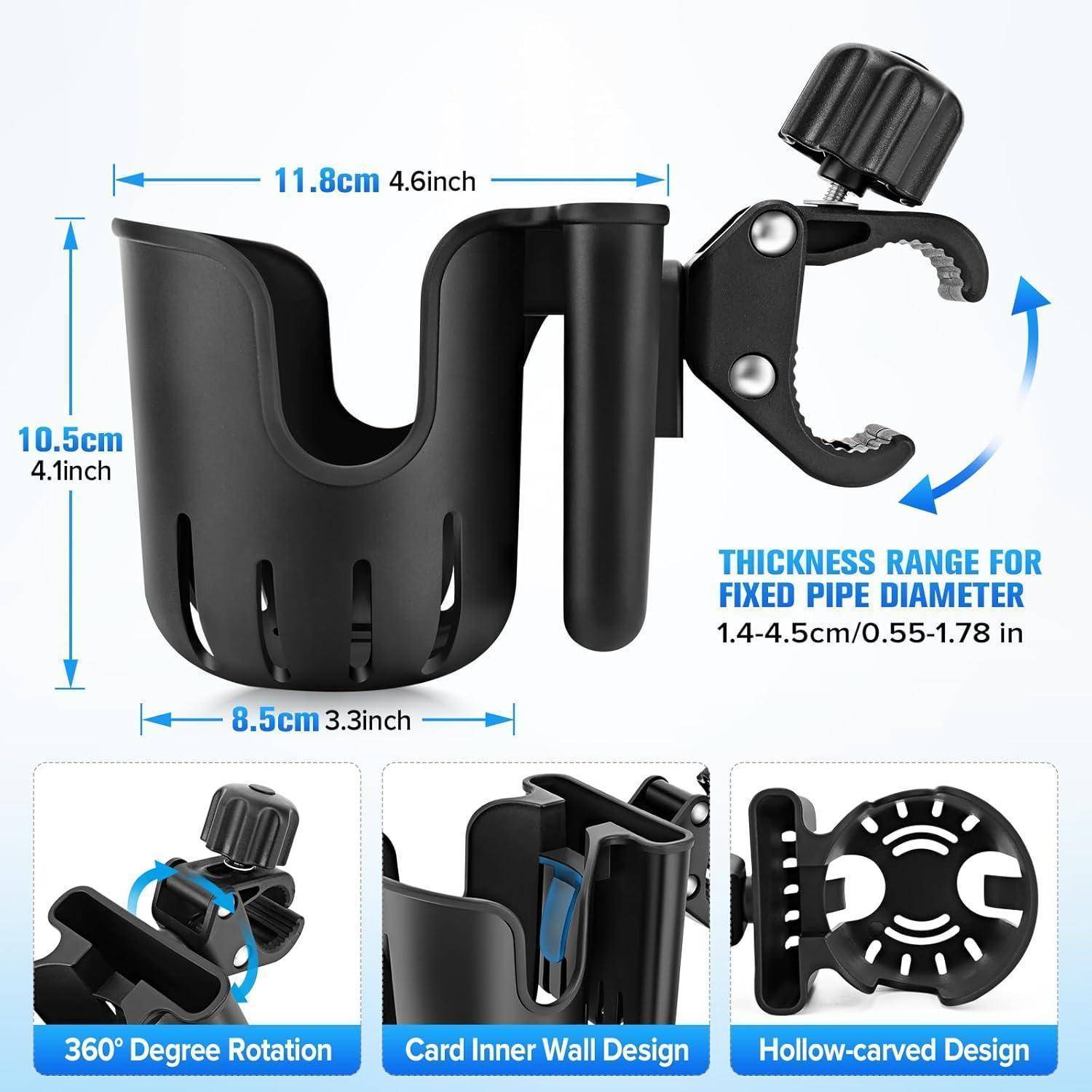 Schwarze verstellbare Rohrhalterklammer mit 360°-Rotation; Abmessungen 11,8 cm x 10,5 cm, passt für Rohrdurchmesser 1,4–4,5 cm; eingelegte Etiketten zeigen Karteneinnenwand und ausgehöhltes Design.
