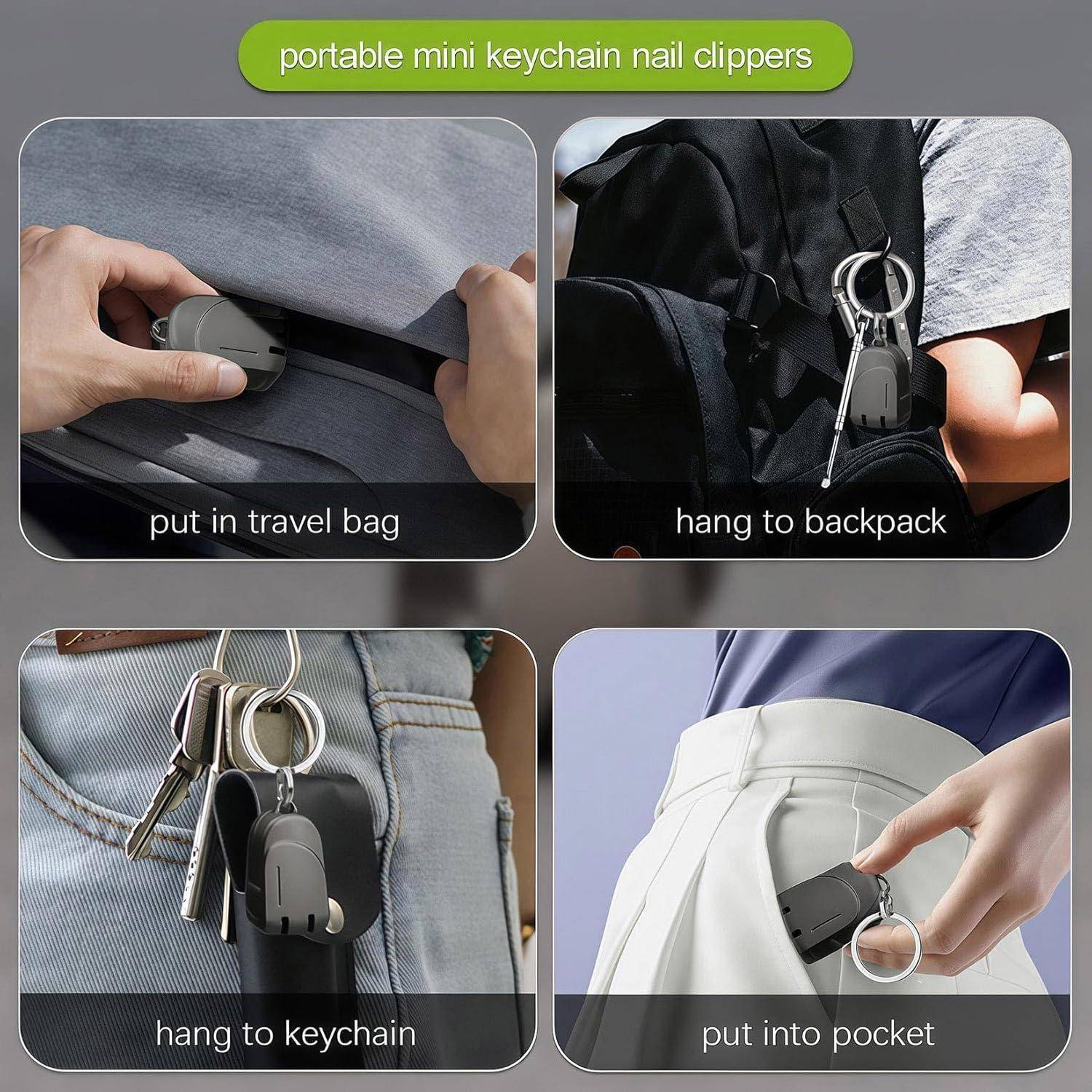 Werbebild von tragbaren Mini-Nagelknipsern am Schlüsselbund, die in einer Reisetasche aufbewahrt, an einem Rucksack oder Schlüsselbund aufgehängt und in eine Tasche gesteckt werden.