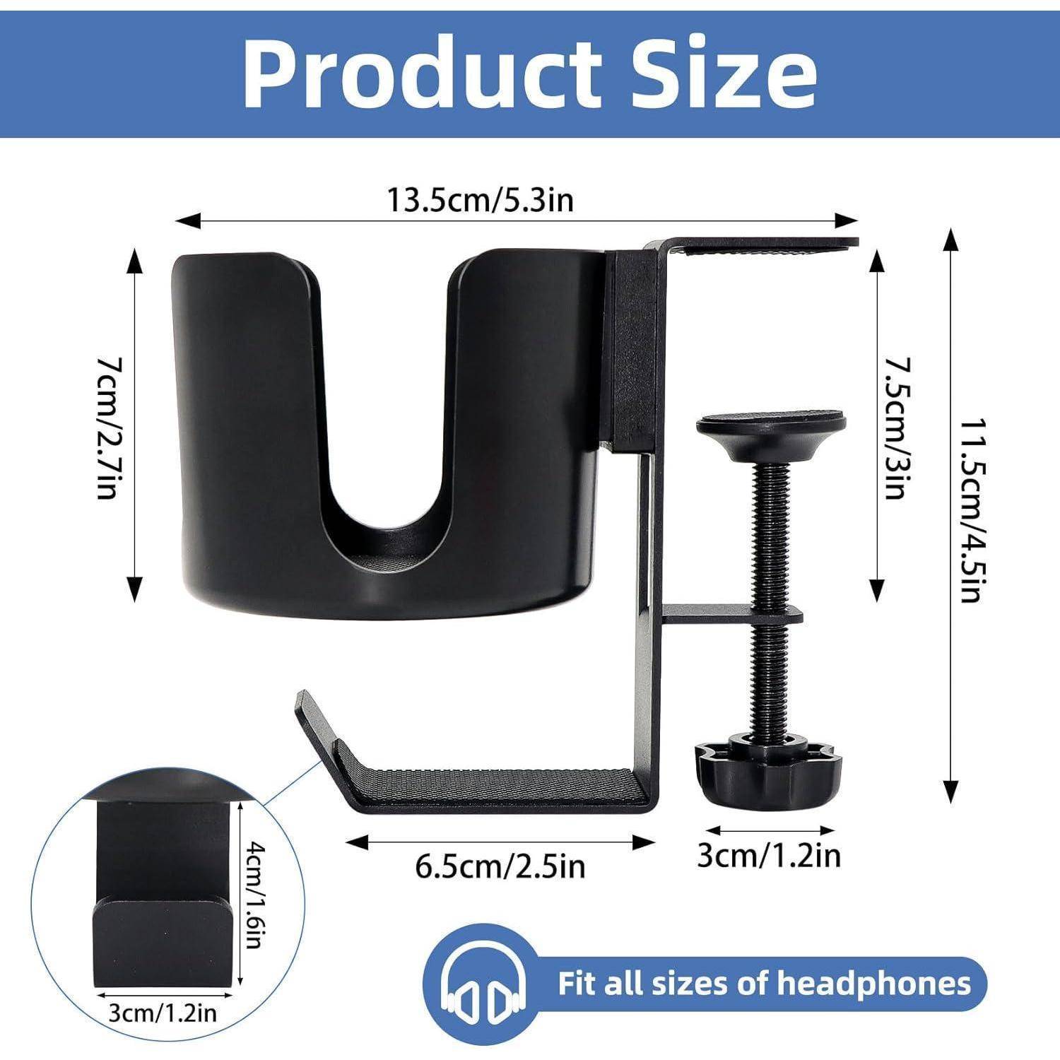 Produktgrößendiagramm einer Kopfhörer-Hänger-Klemme mit Gesamtabmessungen von 13,5 cm Breite, 11,5 cm Höhe, 7 cm Tiefe, mit einer Klemmenbreite von 3 cm und 