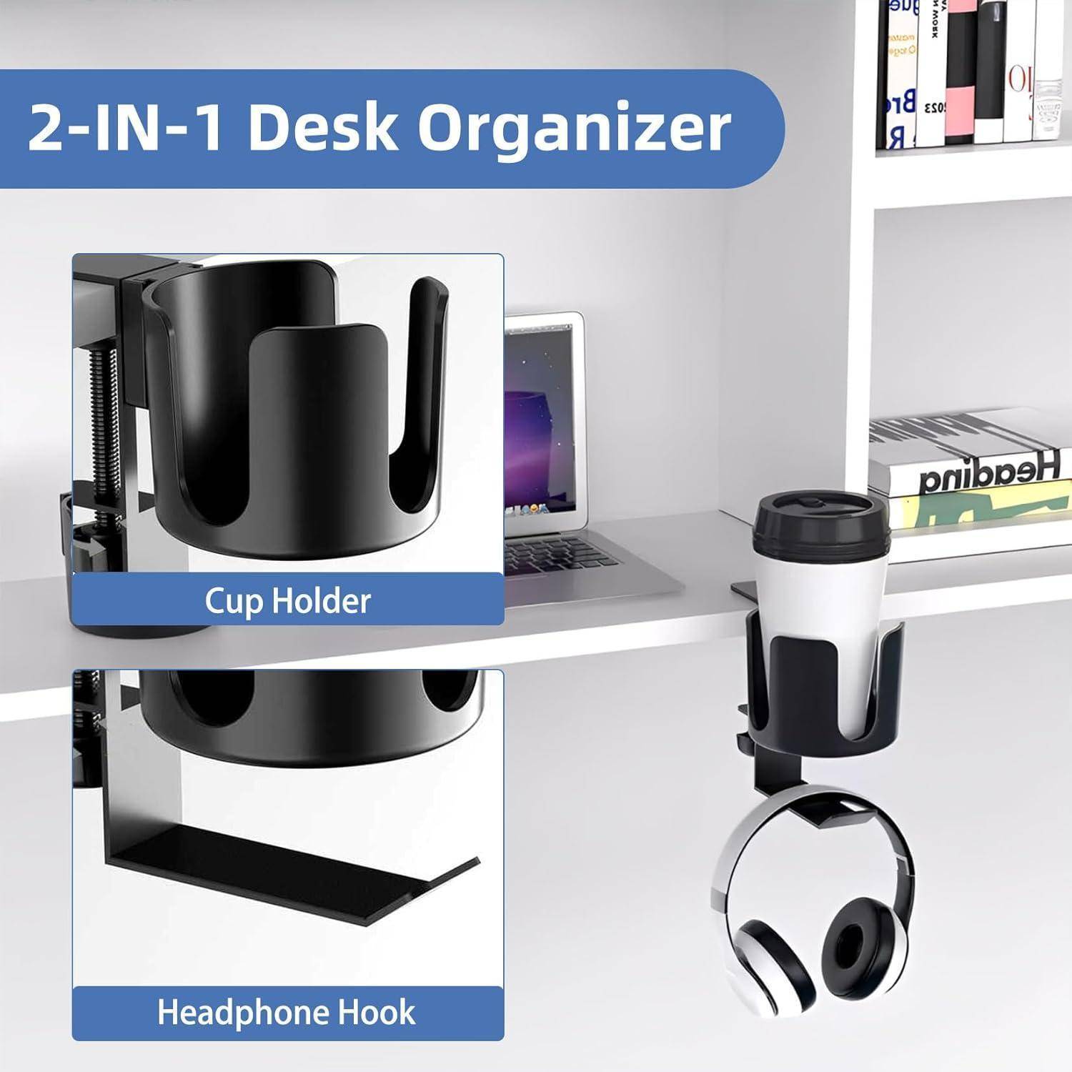 2-in-1-Schreibtischorganizer mit Becherhalter und Kopfhörerhaken an einem Schreibtisch befestigt, in dem eine Reisebecher und Kopfhörer gehalten werden.