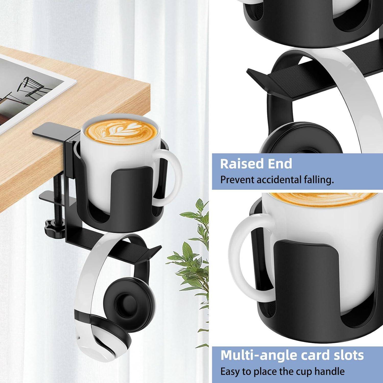 Unter-Tisch-Becher- und Kopfhörerhalter mit erhöhtem Ende und Multi-Winkel-Kartensteckplätzen, die eine Kaffeetasse sicher und zugänglich halten.
