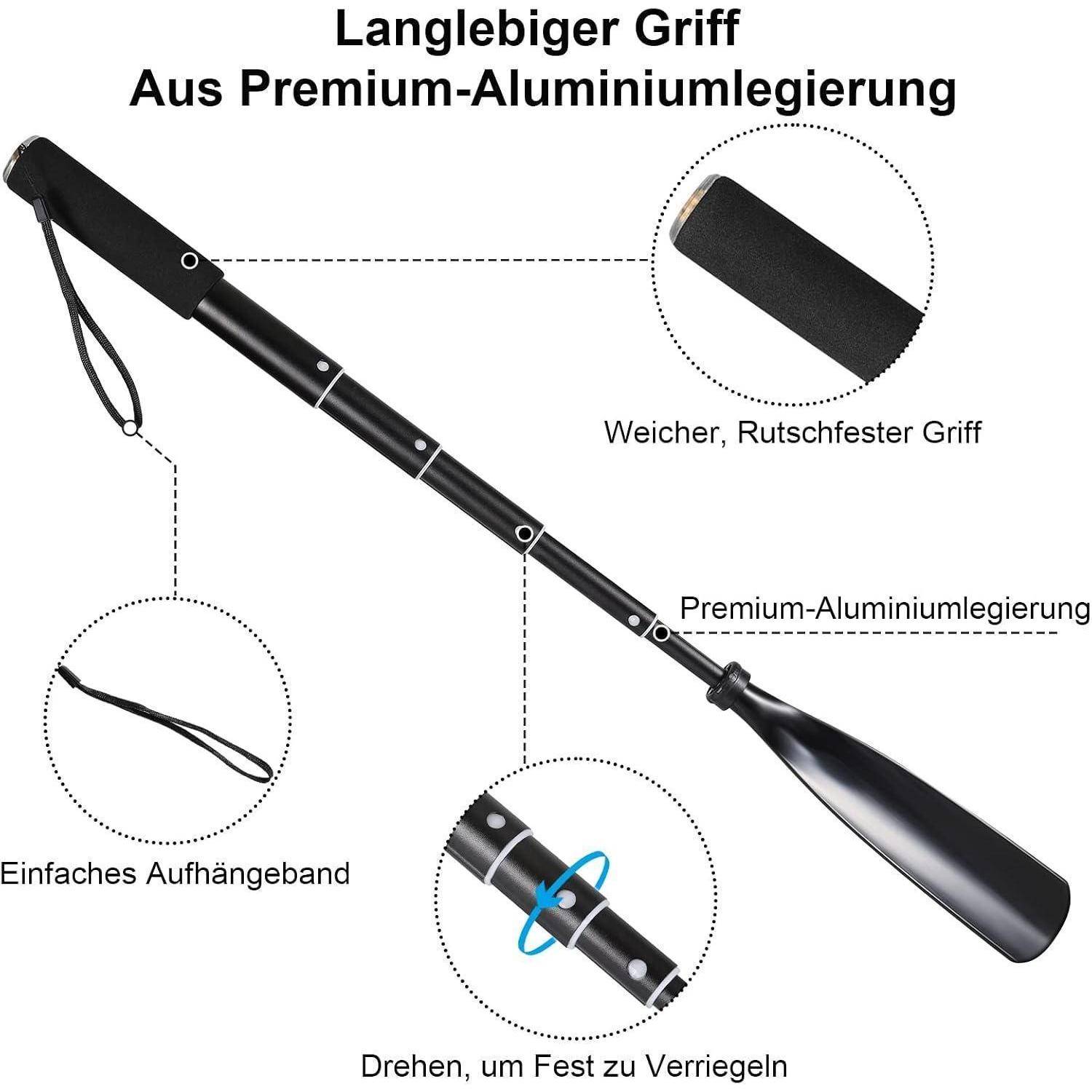 Schwarzes ausziehbares Paddel mit Handgelenkschlaufe, bezeichnet als Premium-Aluminium-Legierung mit weichem rutschfestem Griff und Drehverriegelungsmechanismus.