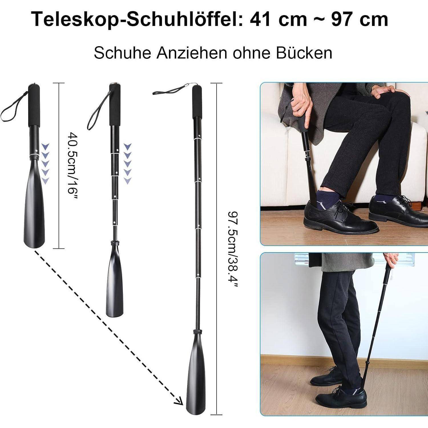 Teleskop-Schuhanzieher, verstellbar von 41 cm bis 97 cm, ermöglicht das Anziehen von Schuhen ohne Bücken; zeigt die Verwendung sowie die eingeklappte und ausgezogene Länge.