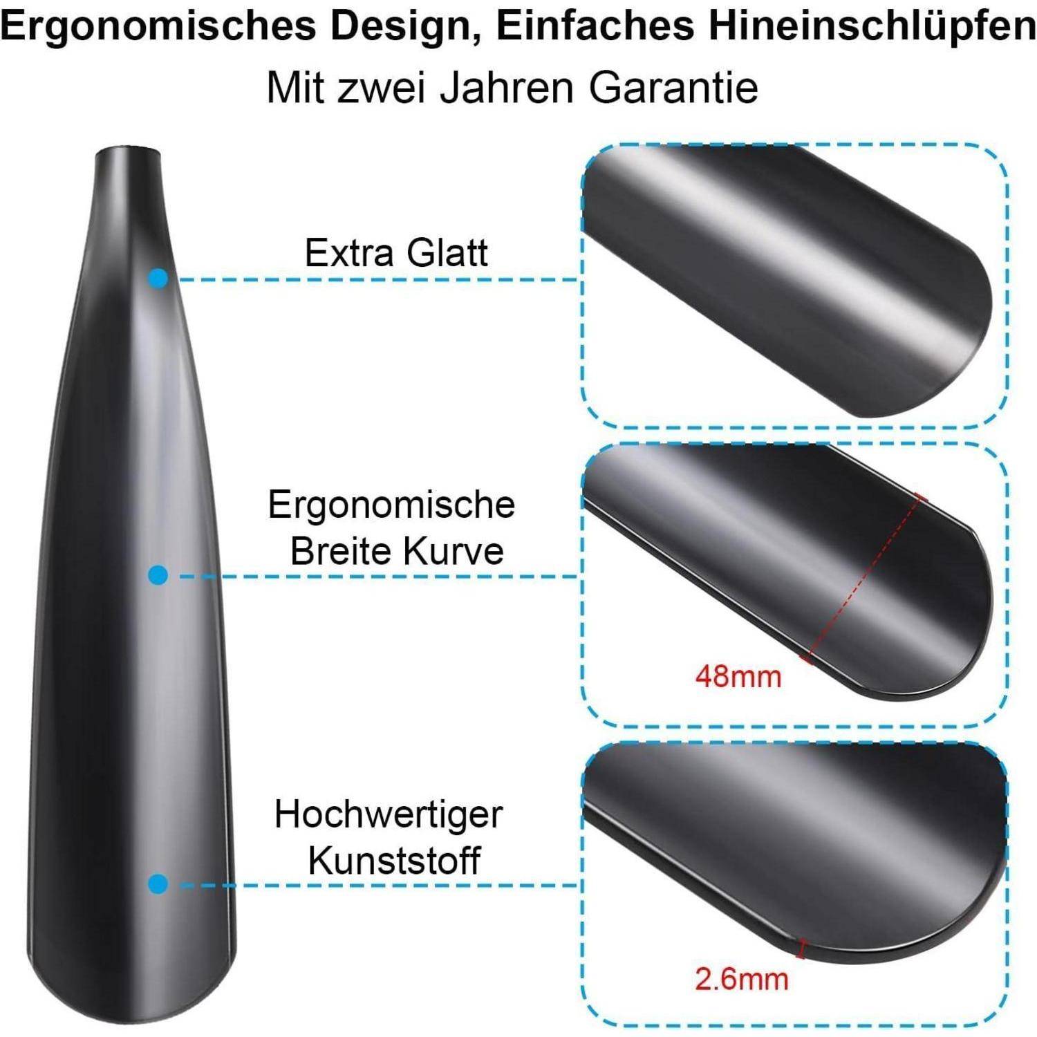 Produktdiagramm eines schwarzen ergonomischen Werkzeuggriffs mit extra-glatter Oberfläche, breiter gekrümmter Form und hochwertigem Kunststoff, mit 48 mm Breite und 2,6 mm Dicke.