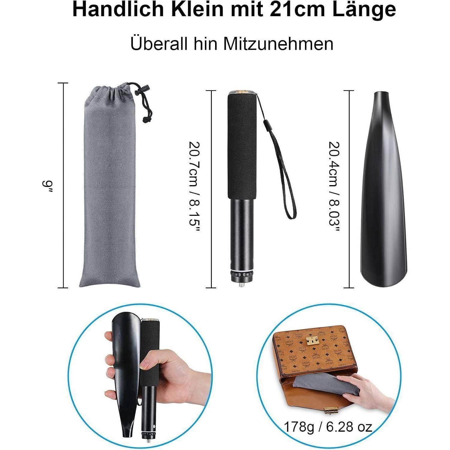 Deutsches Produktgrafik für ein kleines 21 cm tragbares Handwerkzeug, das seine Tasche, Abmessungen, zerlegte Teile und tragbare Handlichkeit zeigt; beinhaltet Gewicht 178 g.
