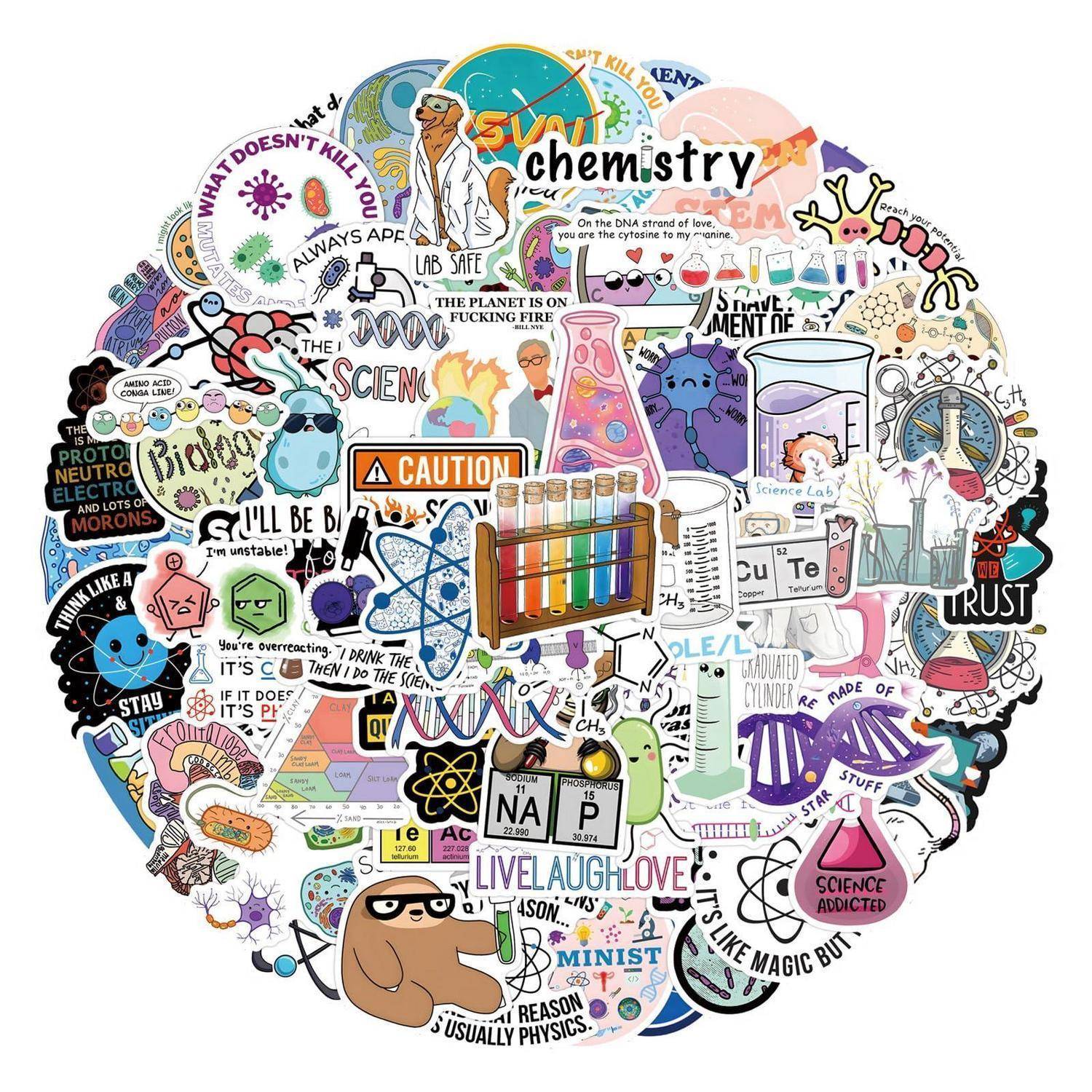 Bunte Collage von wissenschaftsthematischen Stickern, Formeln, Laborglasgeräten, Atomen und Chemie-Wortwitze in einem kreisförmigen Cluster angeordnet.
