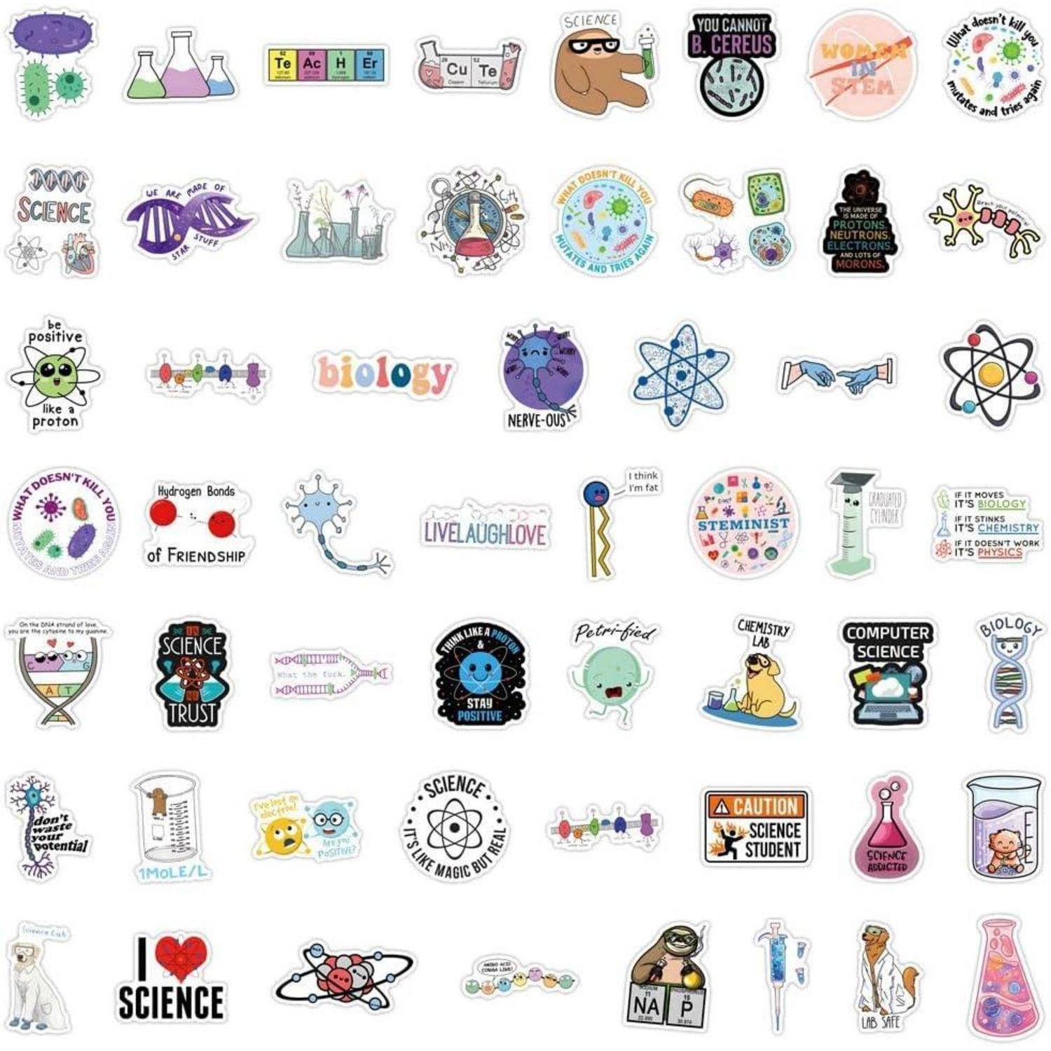 Eine Collage aus farbenfrohen wissenschaftsthematischen Aufklebern und Zitaten, einschließlich Laborglaswaren, Atomen, DNA, Biologie-, Chemie- und Informatik-Symbolen.