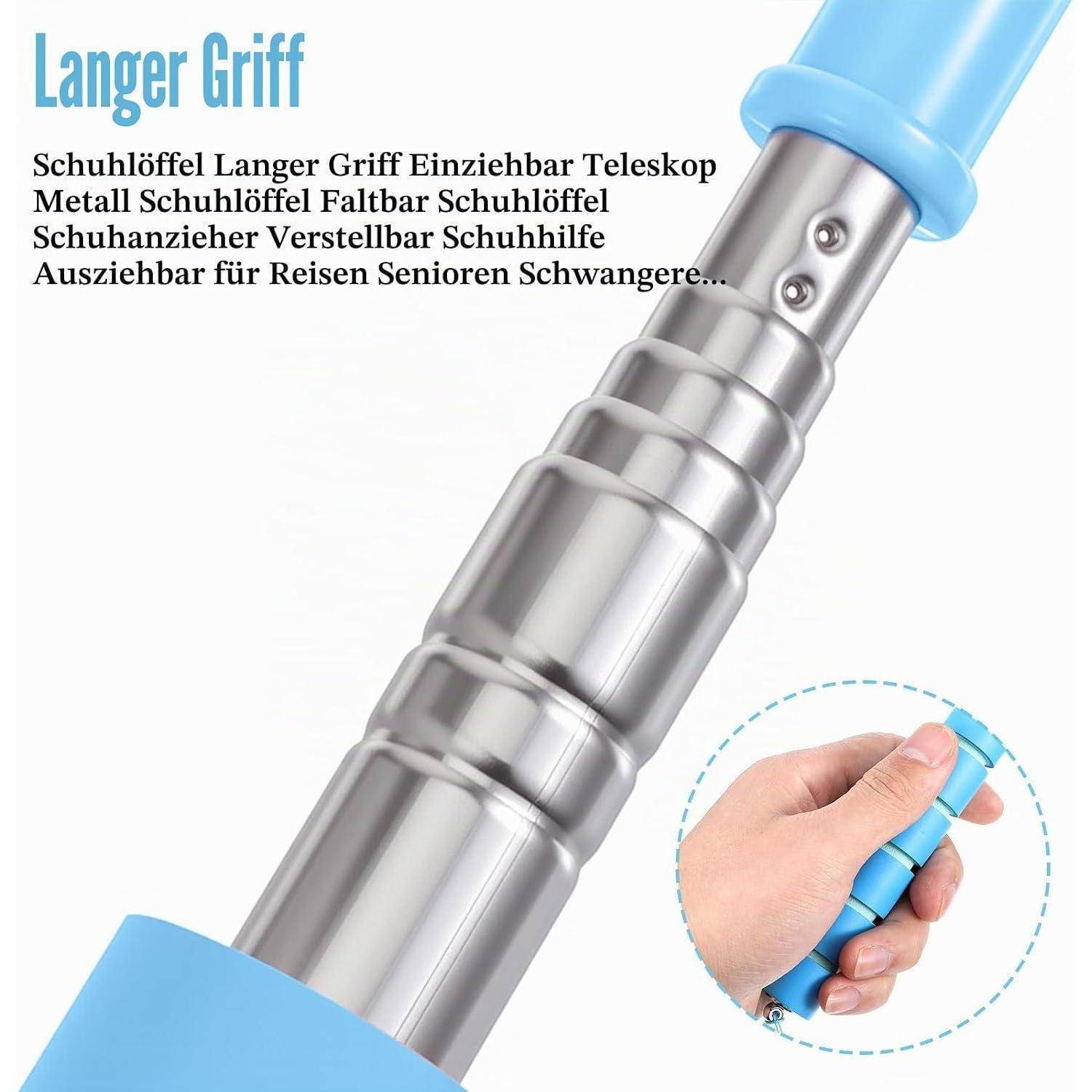 Produktabbildung eines ausziehbaren Metallschuhanziehers mit blauem Griff, gekennzeichnet mit „Langer Griff