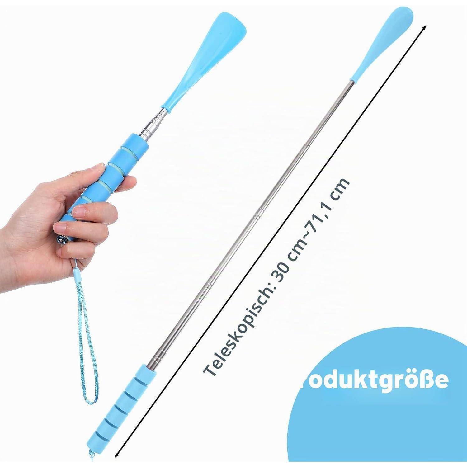 Teleskopstange in Blau mit Handgriff und Handgelenkschlaufe, dargestellt in ausgefahrenem Zustand von 30 cm bis 71,1 cm; Produktgrößenetikett in deutscher Sprache.