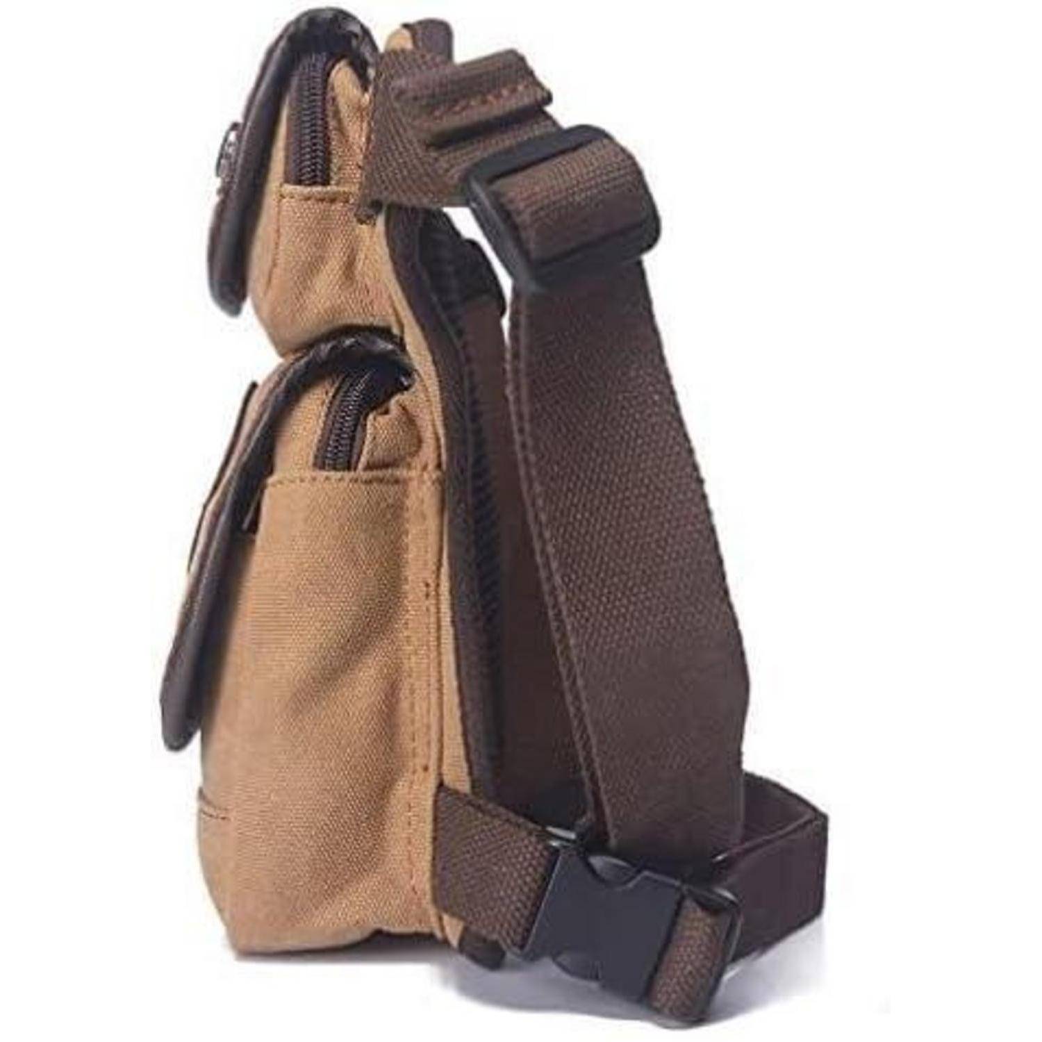 Tan- und braunfarbene Crossbody-Umhängetasche mit Reißverschlusstaschen und verstellbarem Schultergurt, gezeigt auf weißem Hintergrund.