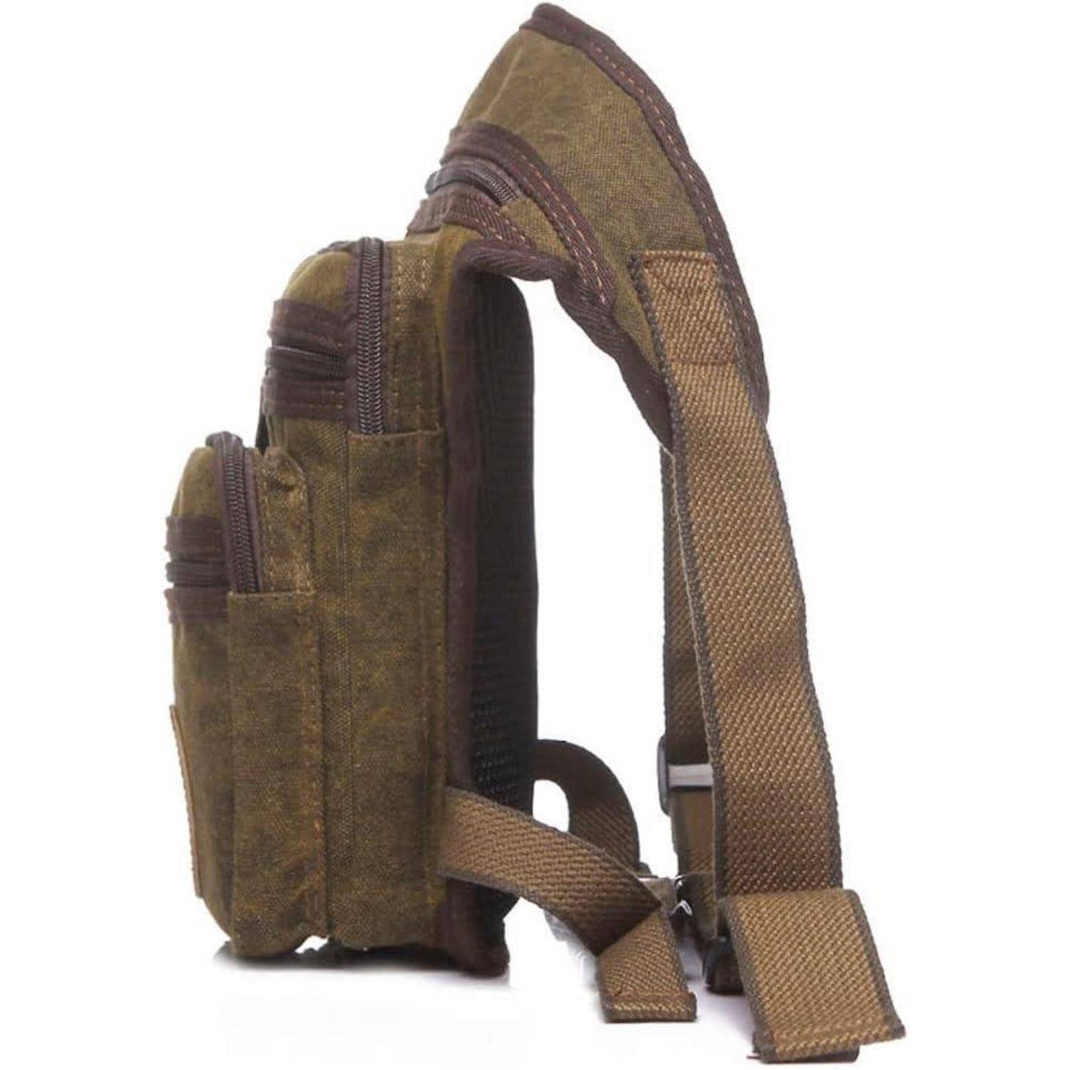 Brauner Leinwandrucksack mit mehreren Reißverschlusstaschen und gepolsterten Trägern, in Seitenansicht auf weißem Hintergrund dargestellt.