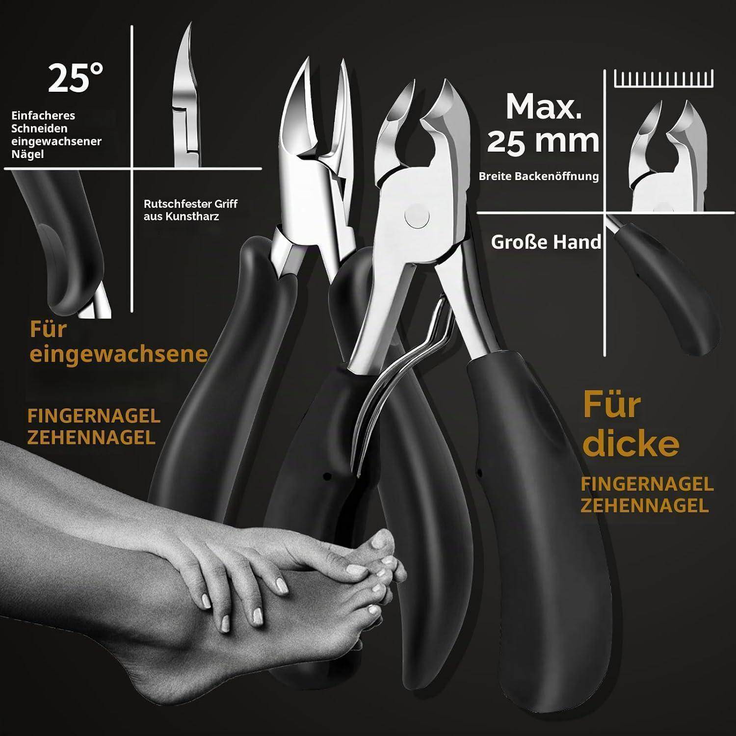 Nagelschere mit Winkel und schwarzen ergonomischen Griffen, gekennzeichnet für Schneiden von eingewachsenen Nägeln, Fingernägeln und Fußnägeln; zeigt 25°-Klinge, 25 mm Öffnung und großer Griffbereich für große Hände.
