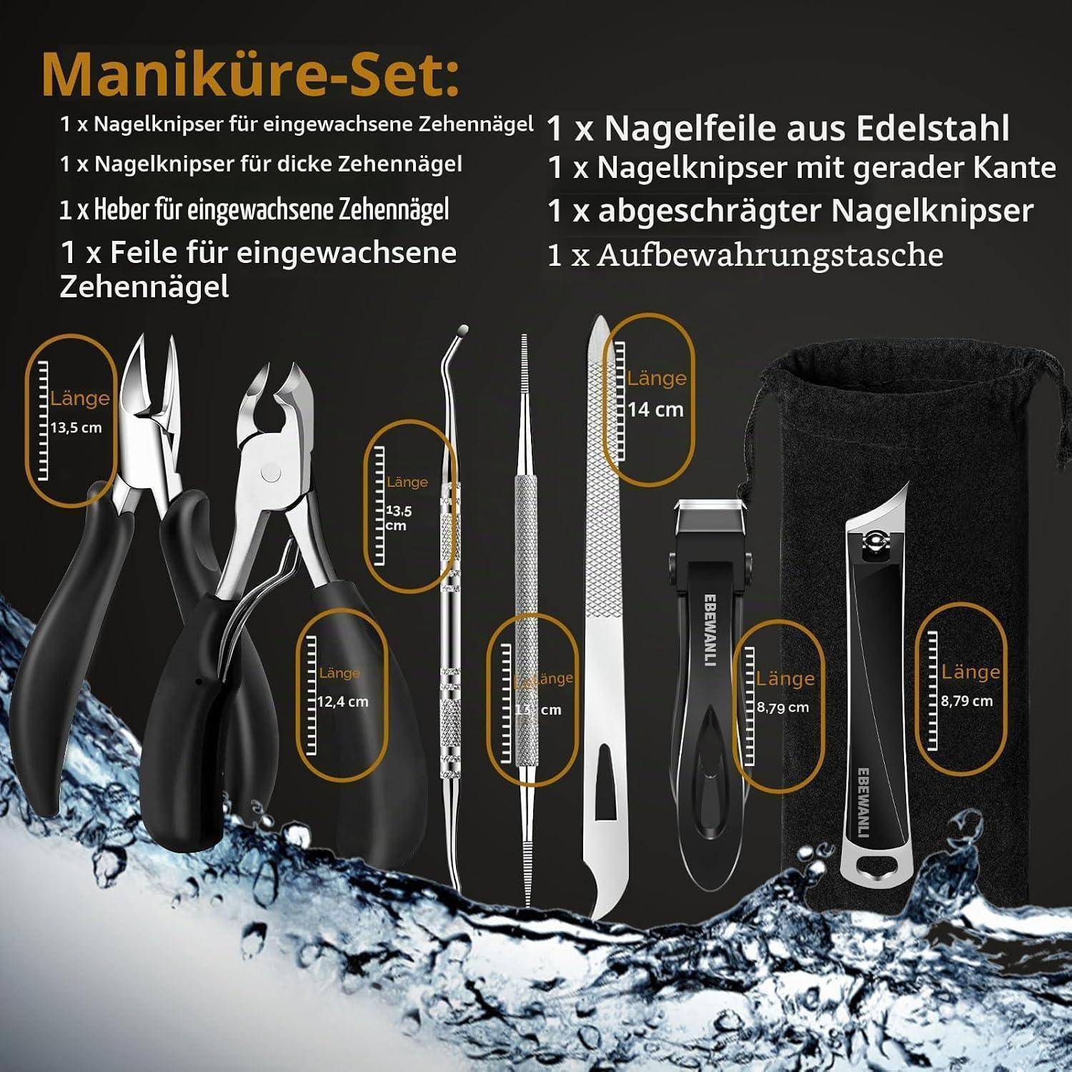 # Deutsches Nagelpflege-Set Produktgrafik mit 7 Werkzeugen in einer Aufbewahrungstasche, einschließlich Zange, Hebel, Feile und Zwickel, mit beschrifteten Größen 8,79-14 cm.