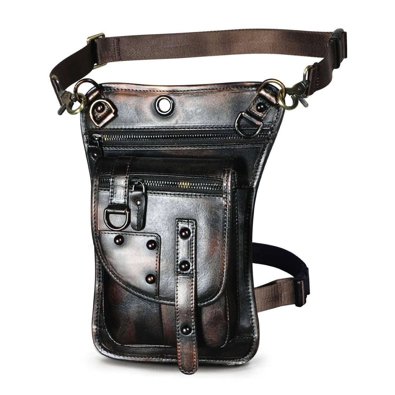 Schwarze Leder-Oberschenkel-Holster-Tasche mit verstellbaren Riemen und mehreren Reiß- und Schnallentaschen, gezeigt auf weißem Hintergrund.
