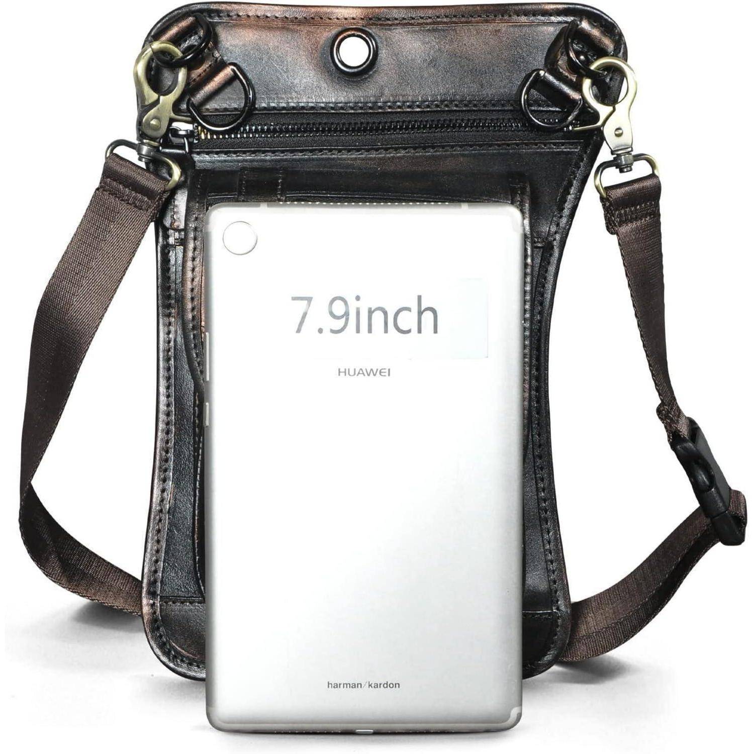 Schwarze Ledertasche zum Umhängen, abgebildet mit einem 7,9-Zoll-Huawei-Tablet vorne, um Größe und Passung zu zeigen.