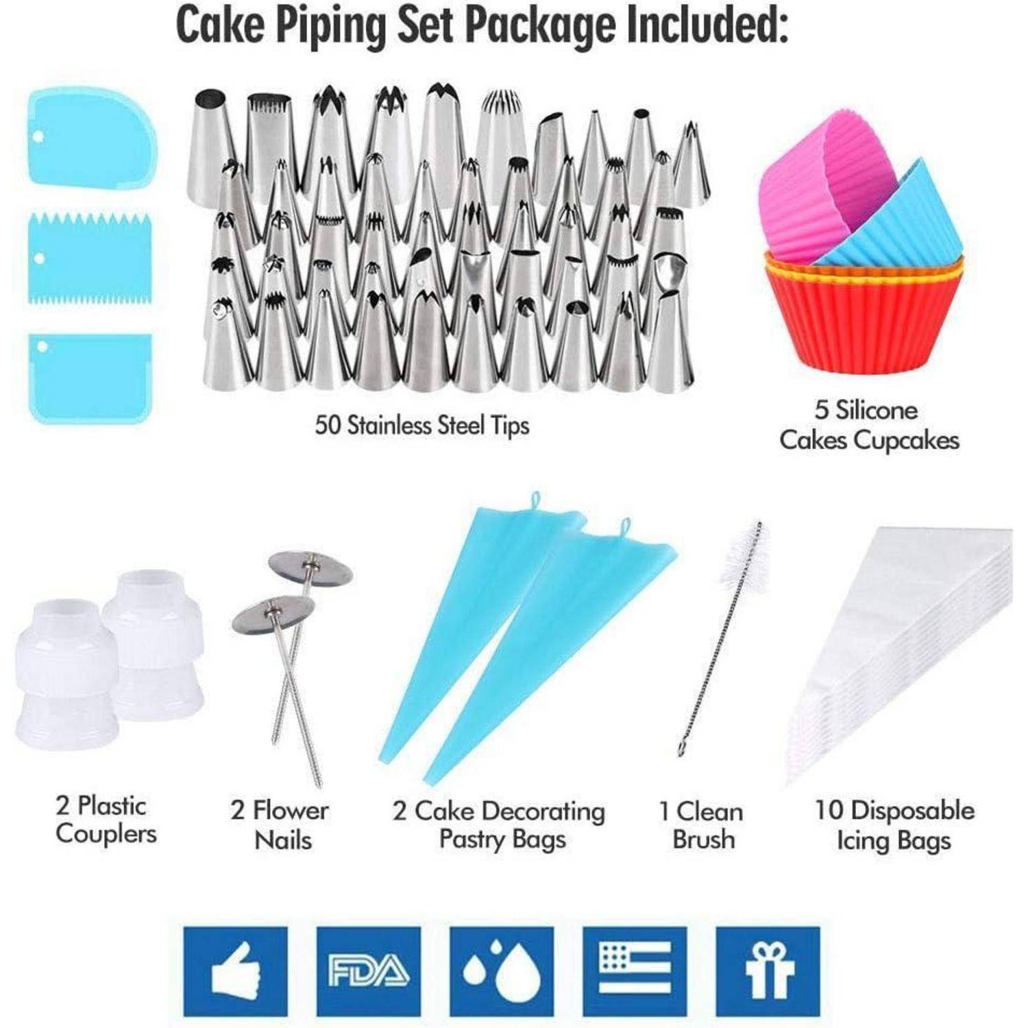 Kuchenspritzbeutel-Set-Paket enthalten: 50 Edelstahl-Spritztüten, 5 Silikonbecher, 2 Kunststoffkupplungen, 2 Blumennägel, 2 Spritzbeutel, 1 Reinigungsbürste, 10 Einweg-Zuckergussbeutel.