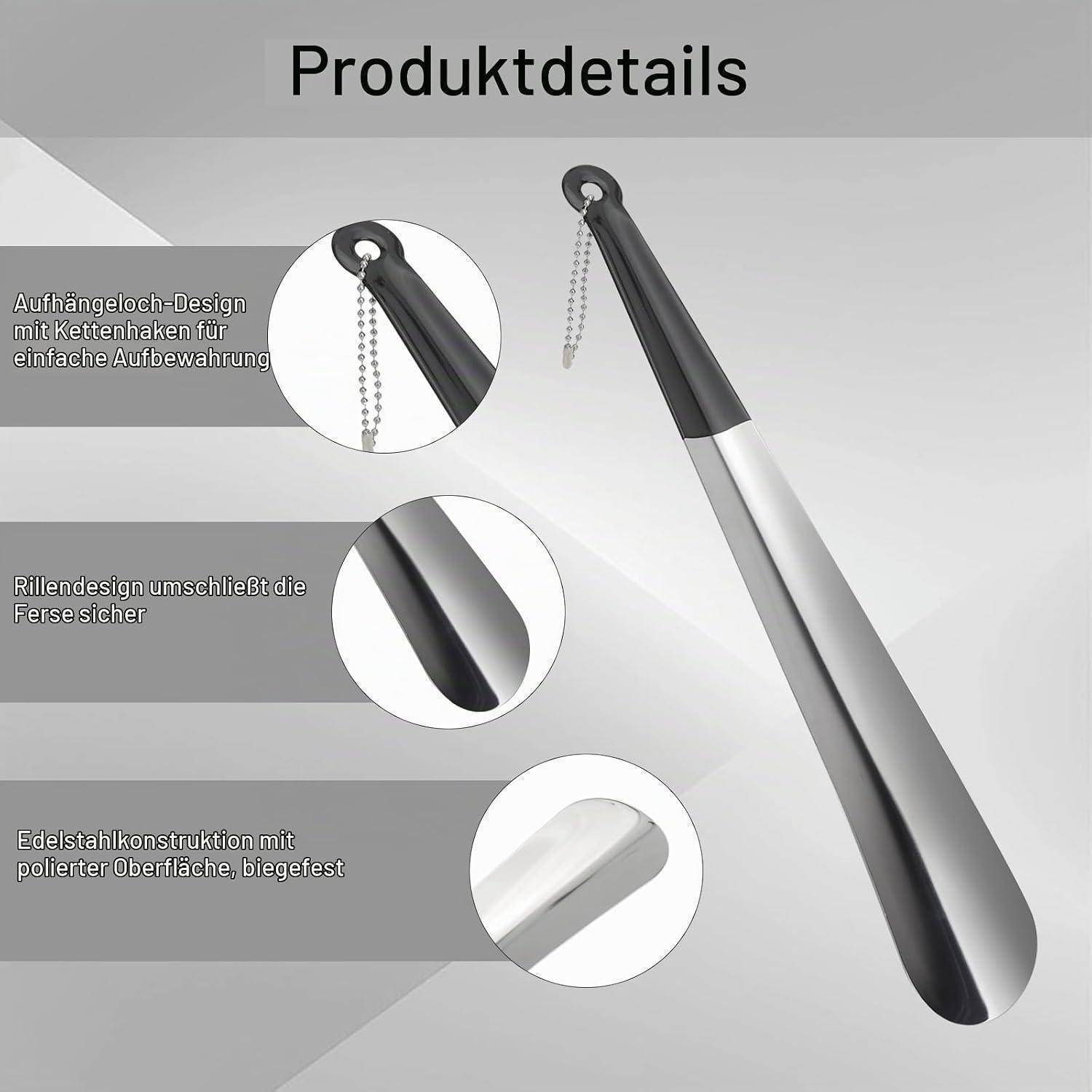 Produktdetail-Grafik mit einem Schuhlöffel mit Kettenloch, profilierter Rille und polierter Edelstahlkonstruktion für sichere, einfache Handhabung und Lagerung.