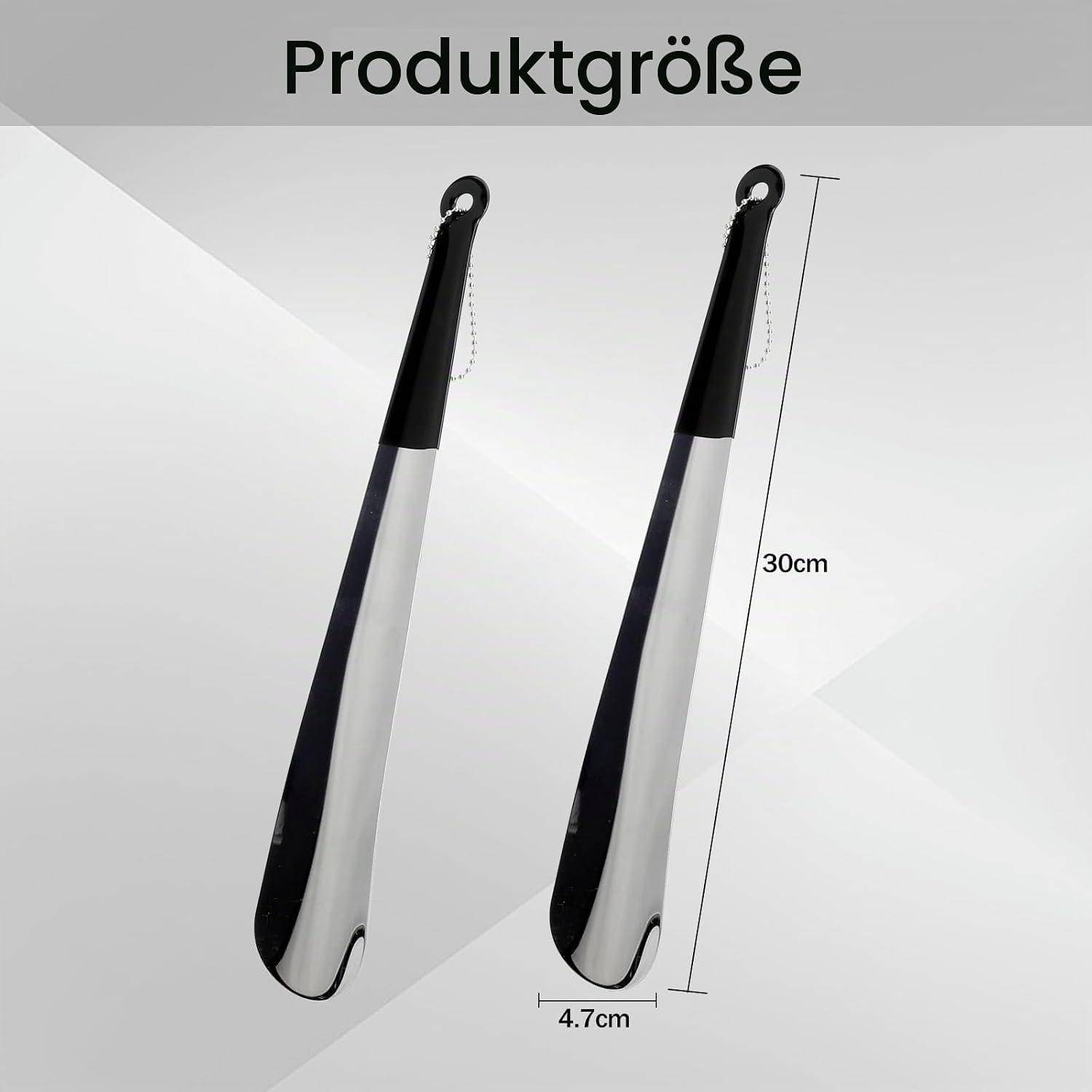 Produktgrößendiagramm mit einem schwarzen und silbernen Schuhlöffel, 30 cm lang und 4,7 cm breit.