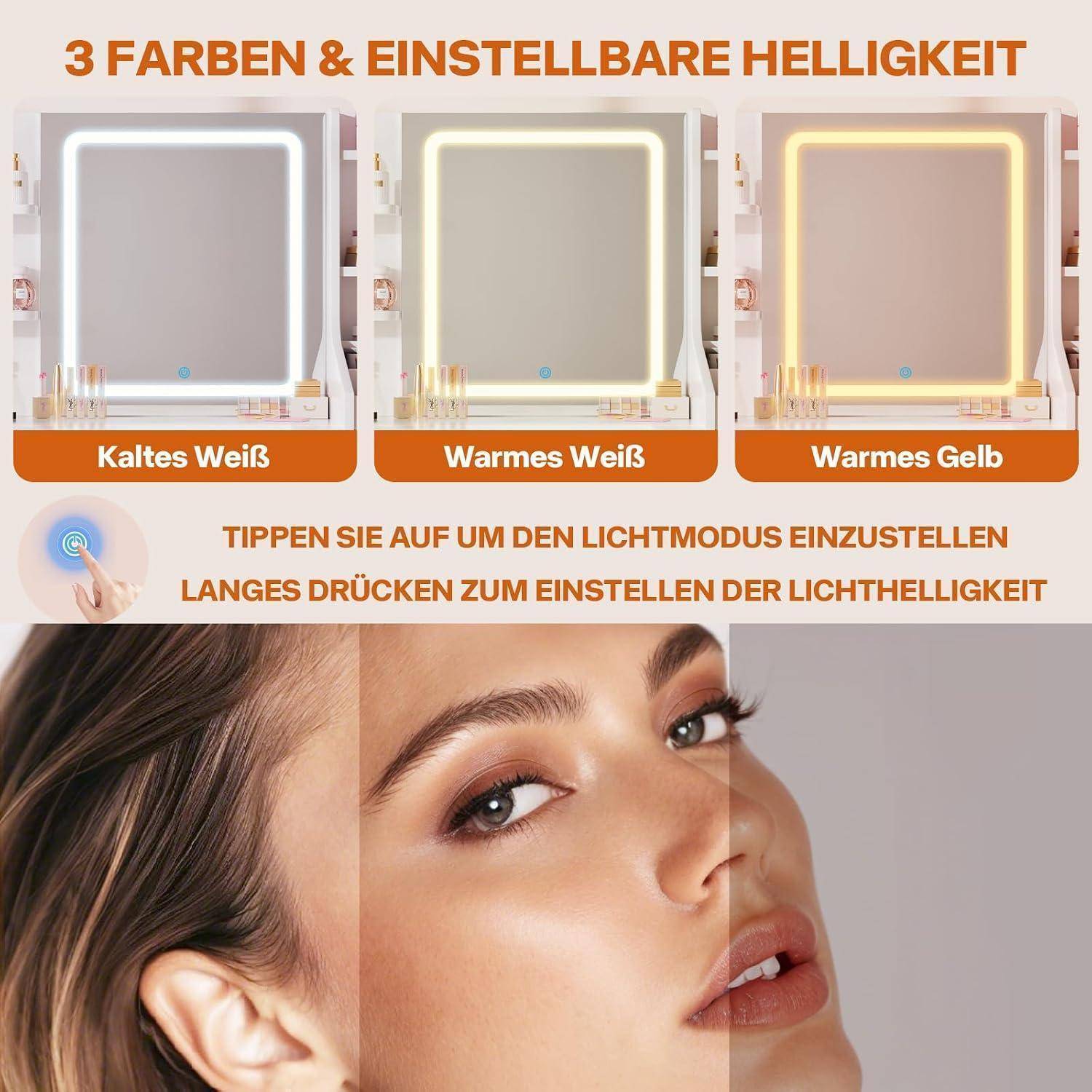 LED-Werbspiegel mit 3 Farbmodi und Helligkeitsregelung: Kaltweiß, Warmweiß und Warmgelb, mit Tap- und Langdrück-Anleitung.
