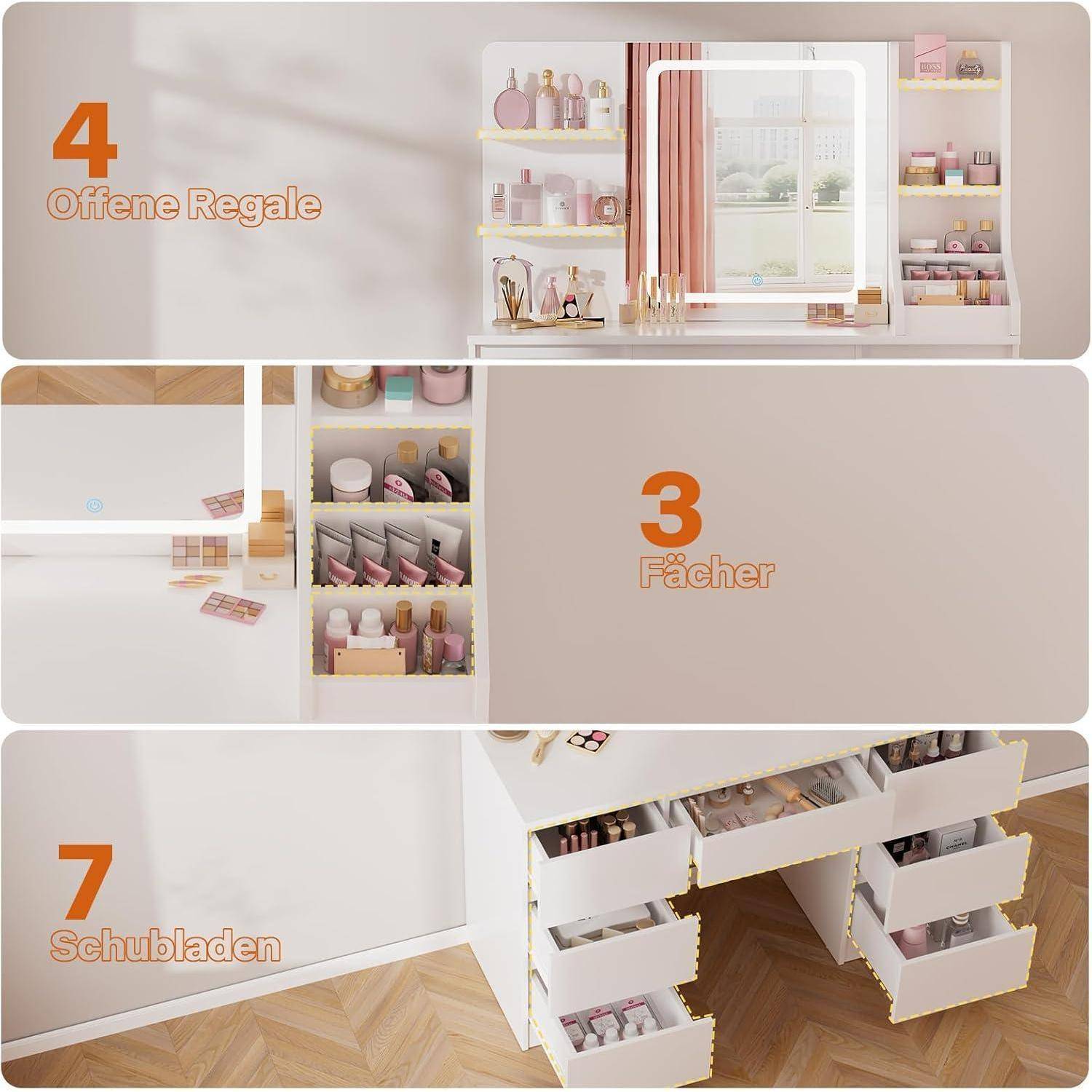 Diagramm einer Kosmetik-Organizer mit 4 offenen Regalen, 3 Fächern und 7 Schubladen, in denen Makeup und Toilettenartikel gelagert sind.