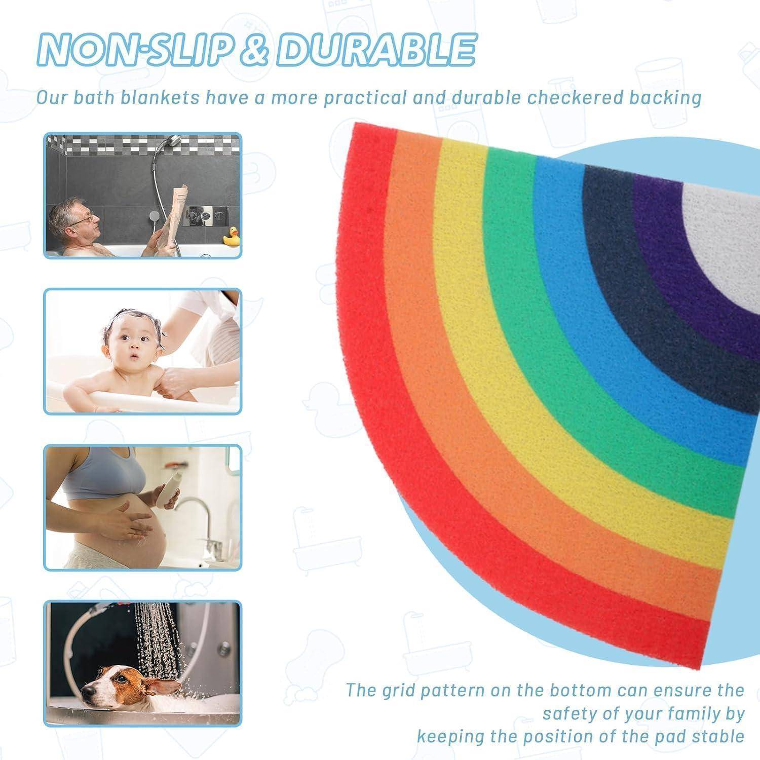 Werbegrafik für Badtücher mit regenbogenfarbigem Handtuch mit karierter Rückseite, plus Fotos zur Verwendung unter der Dusche, bei der Babypflege, in der Schwangerschaft und beim Baden von Haustieren.