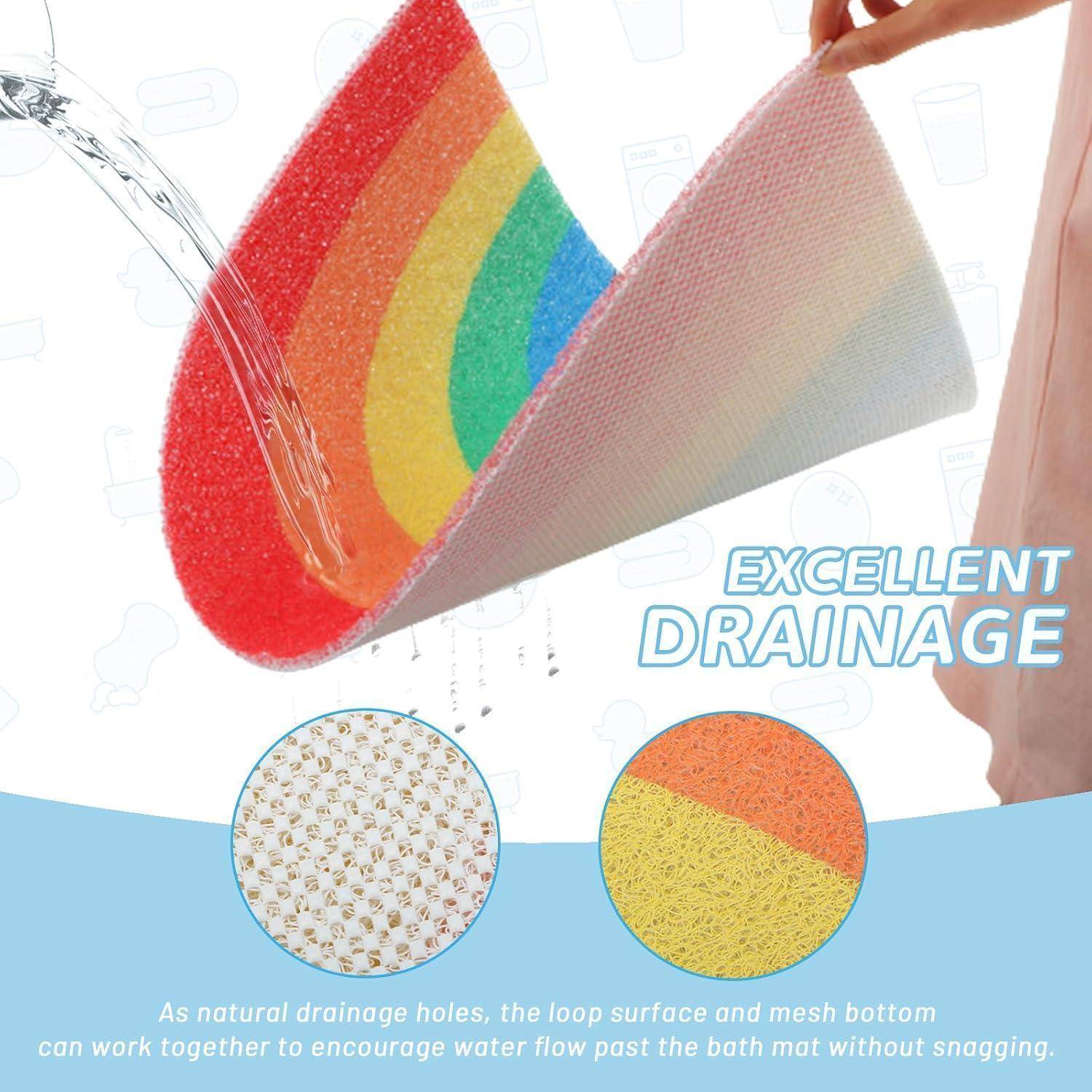 Illustrierte Badmatte mit Regenbogenschleifenoberfläche und Netzrückseite zur Wasserableitung, mit der Bezeichnung „HERVORRAGENDE DRAINAGE" und Detailaufnahmen des Materials.