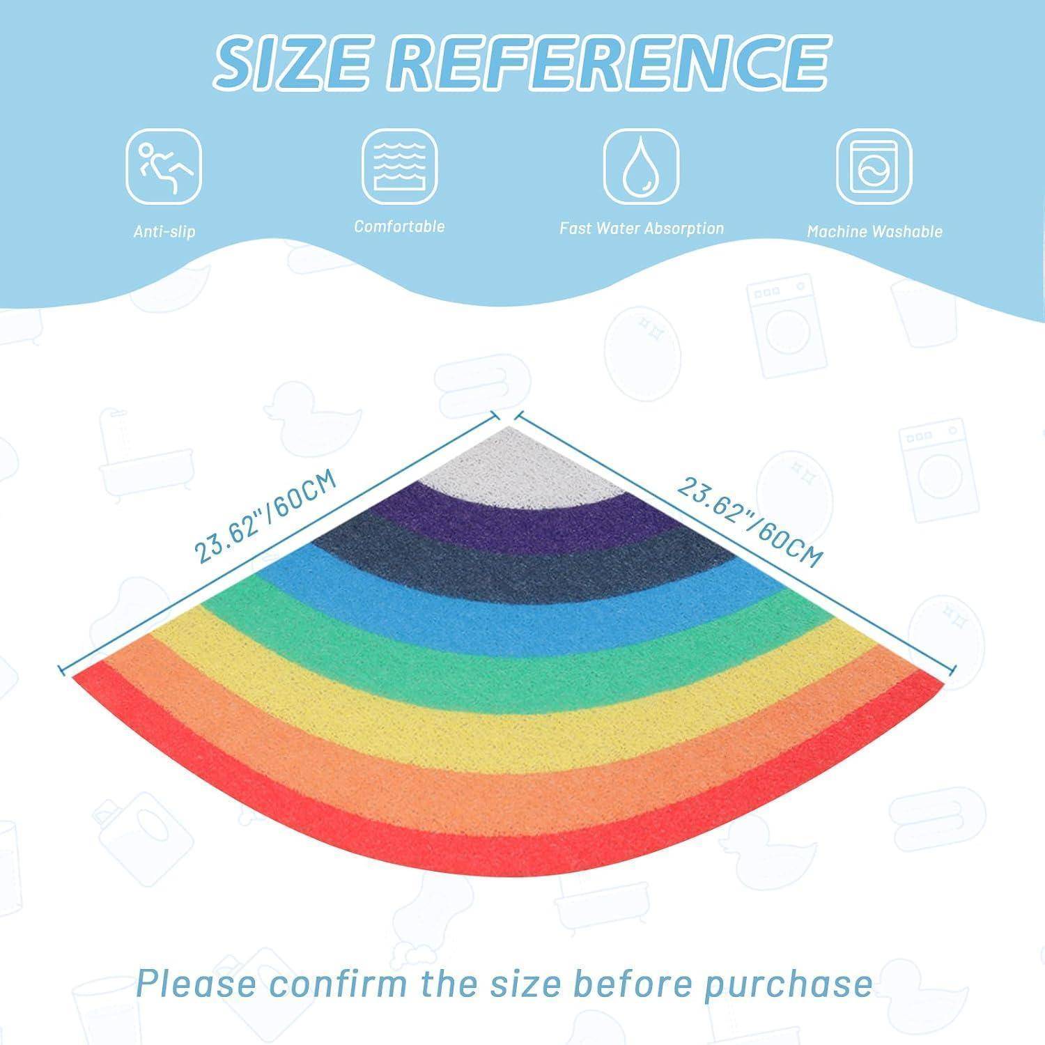 Größenreferenzdiagramm eines halbkreisförmigen Regenbogenteppichs, beschriftet mit 23,62"/60CM breit und mit der Aufforderung „Bitte bestätigen Sie die Größe vor dem Kauf"".