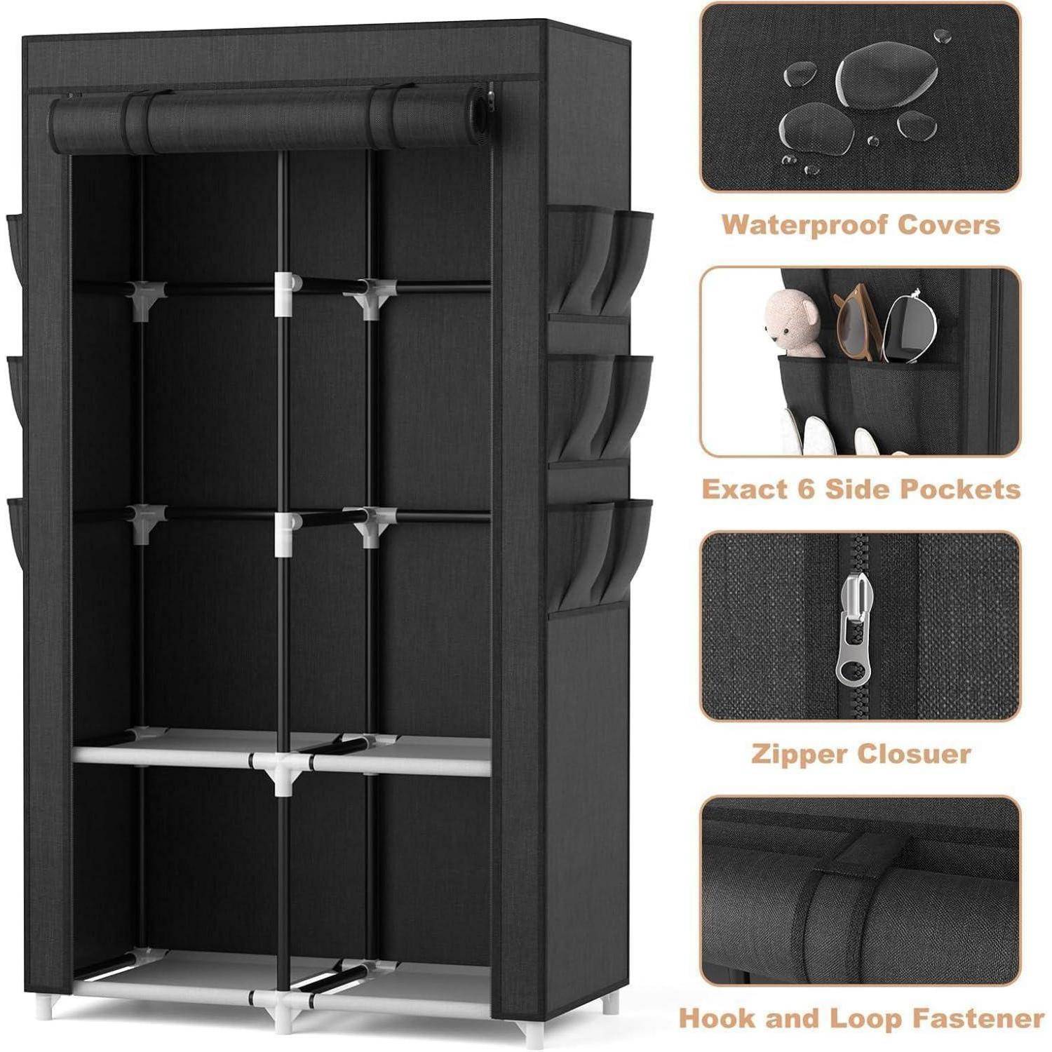 Schwarzer Stoff-Kleiderschrank-Organizer mit Reißverschlussabdeckung, Regalen, sechs Seitentaschen, wasserdichten Abdeckungen und Klettverschluss; eingefügte Details heben die Funktionen hervor.