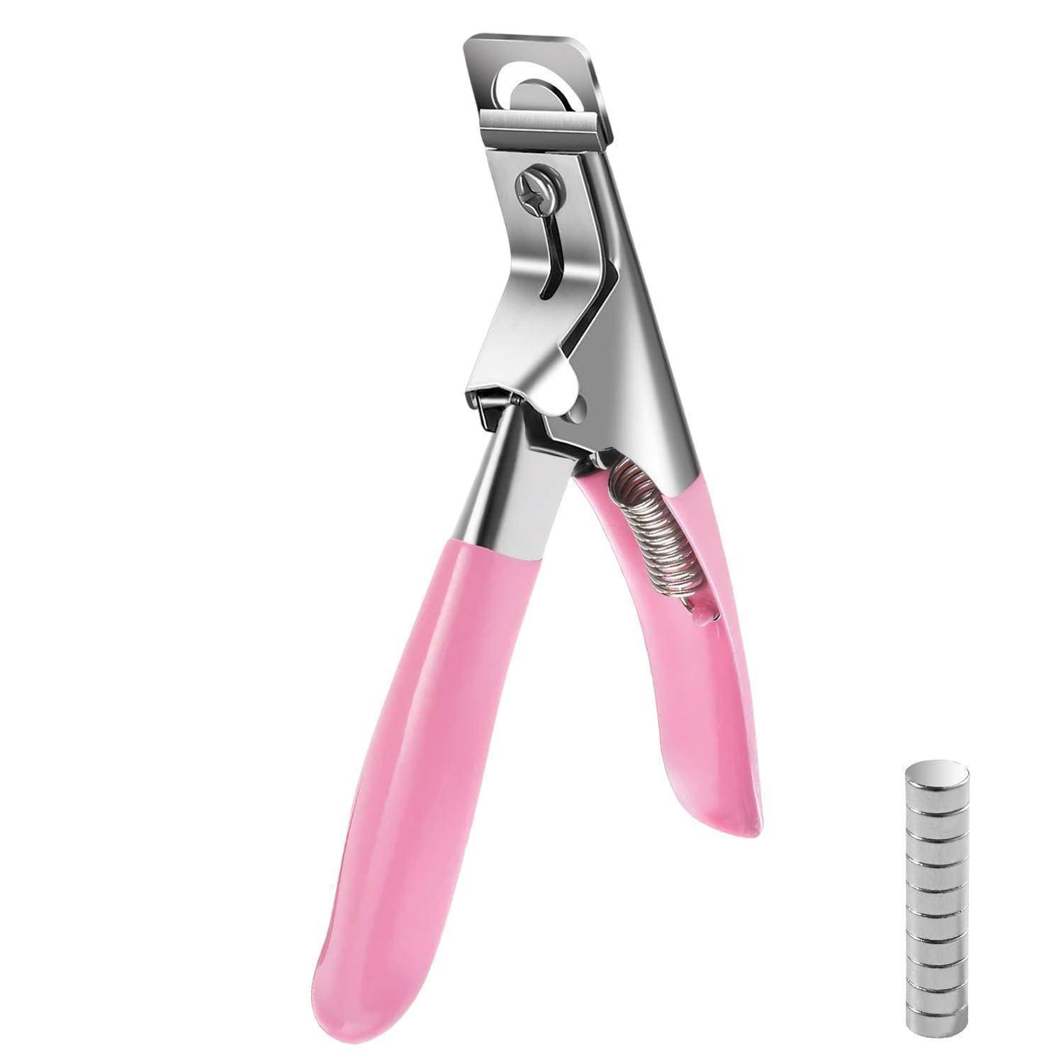 Haustiernagel-Schneider mit rosa Griffen und Federmechanismus, daneben abgebildet ein kleiner Stapel von Ersatz-Metallklingen.
