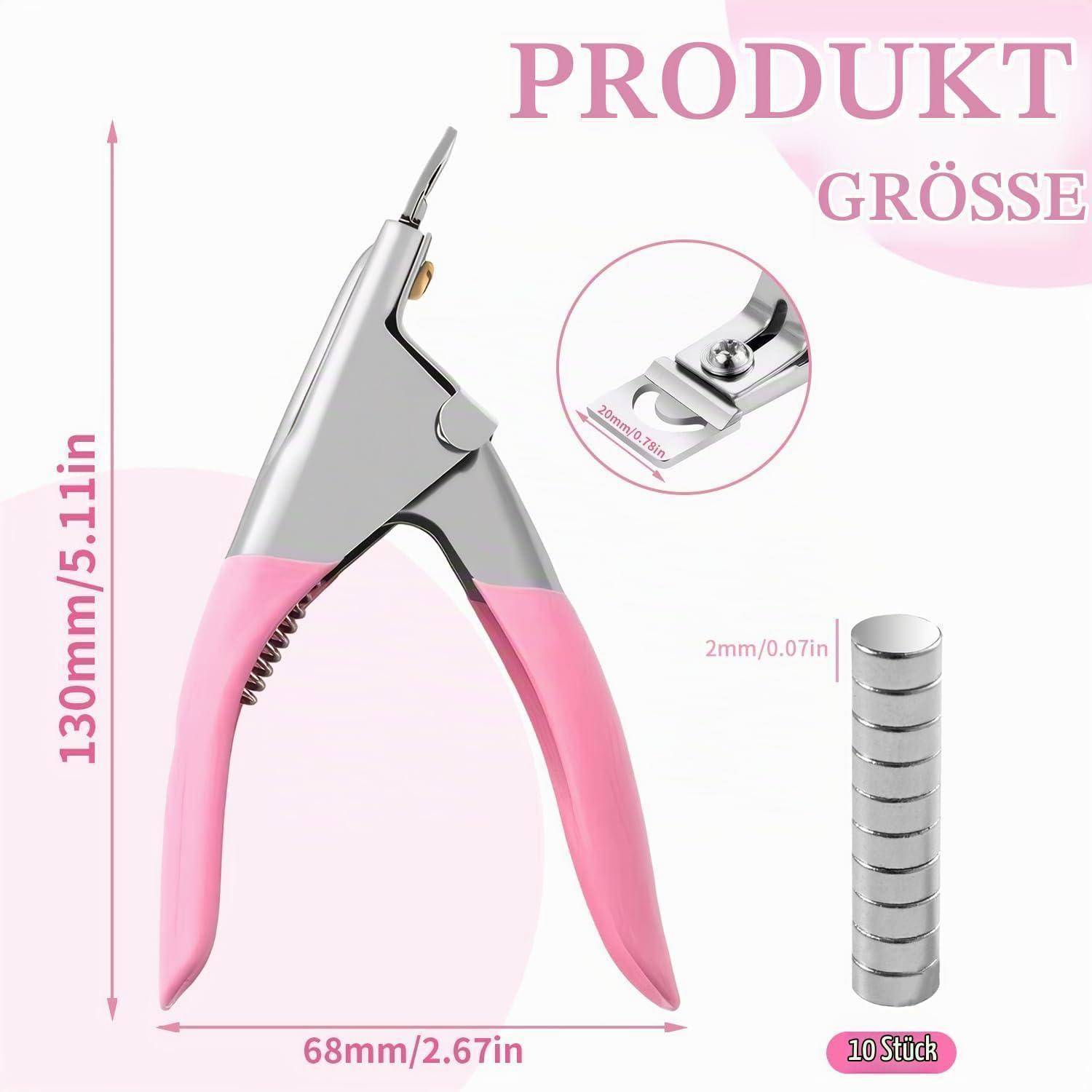 Nageltrimmer mit rosa Griff, dargestellt mit Größenangaben 130 mm Höhe und 68 mm Breite, plus ein Stapel von 10 Ersatzklingen, in einem Produktgrößendiagramm.