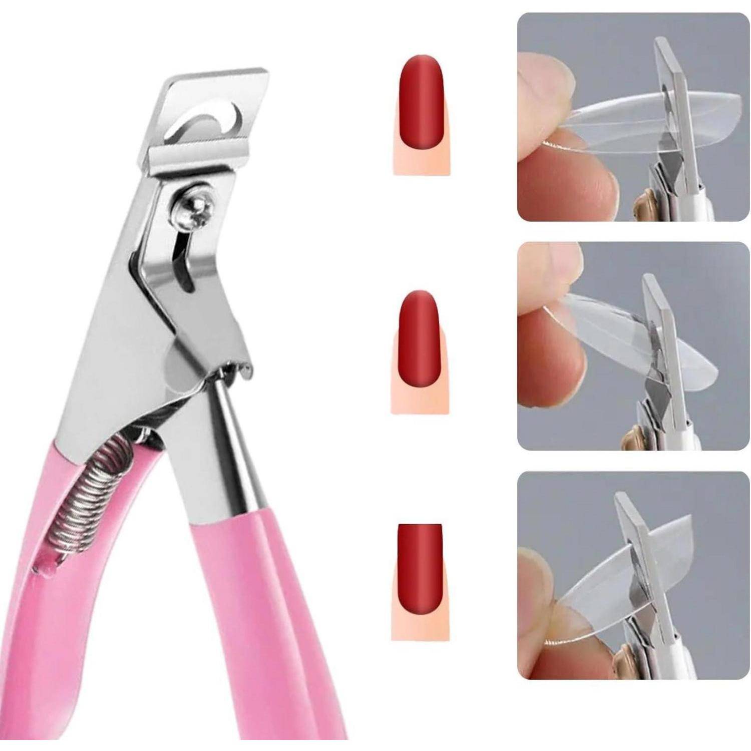 Nagelknipser mit rosafarbenen Griffen und drei Nahaufnahmen von Beispielen zum Schneiden und Formen eines Nagels, die verschiedene Schnittergebnisse zeigen.